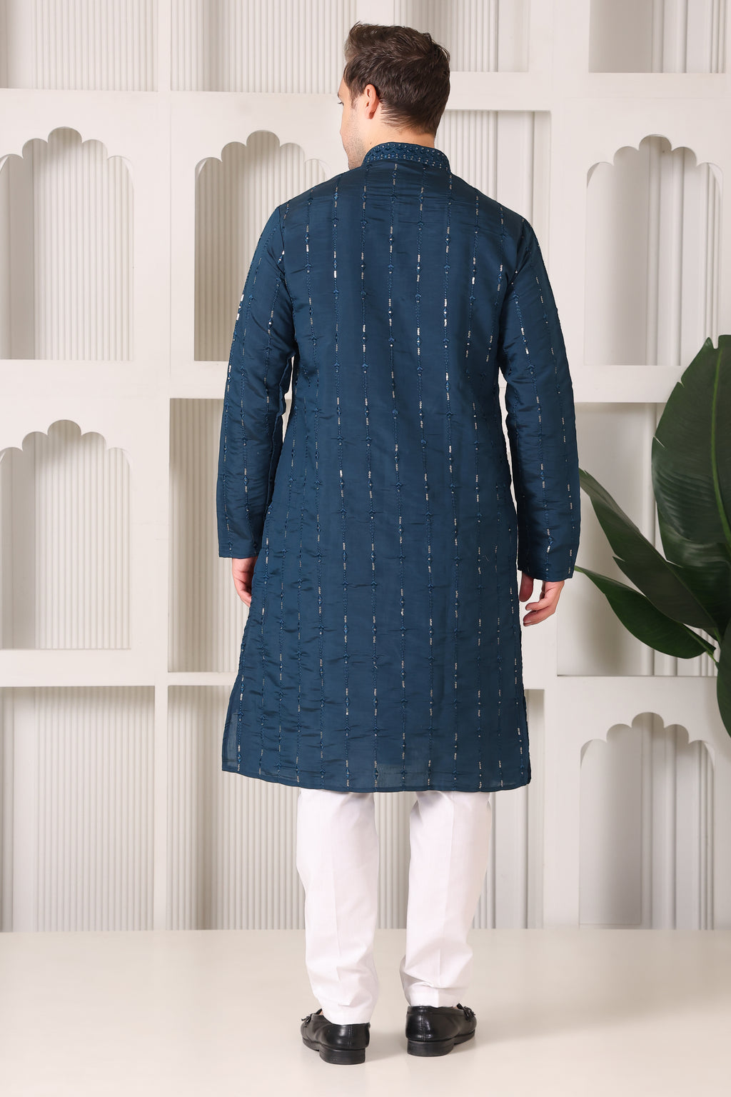 Dark Teal Embroidered Kurta with Mirror & Thread Work – White Pajama Set
