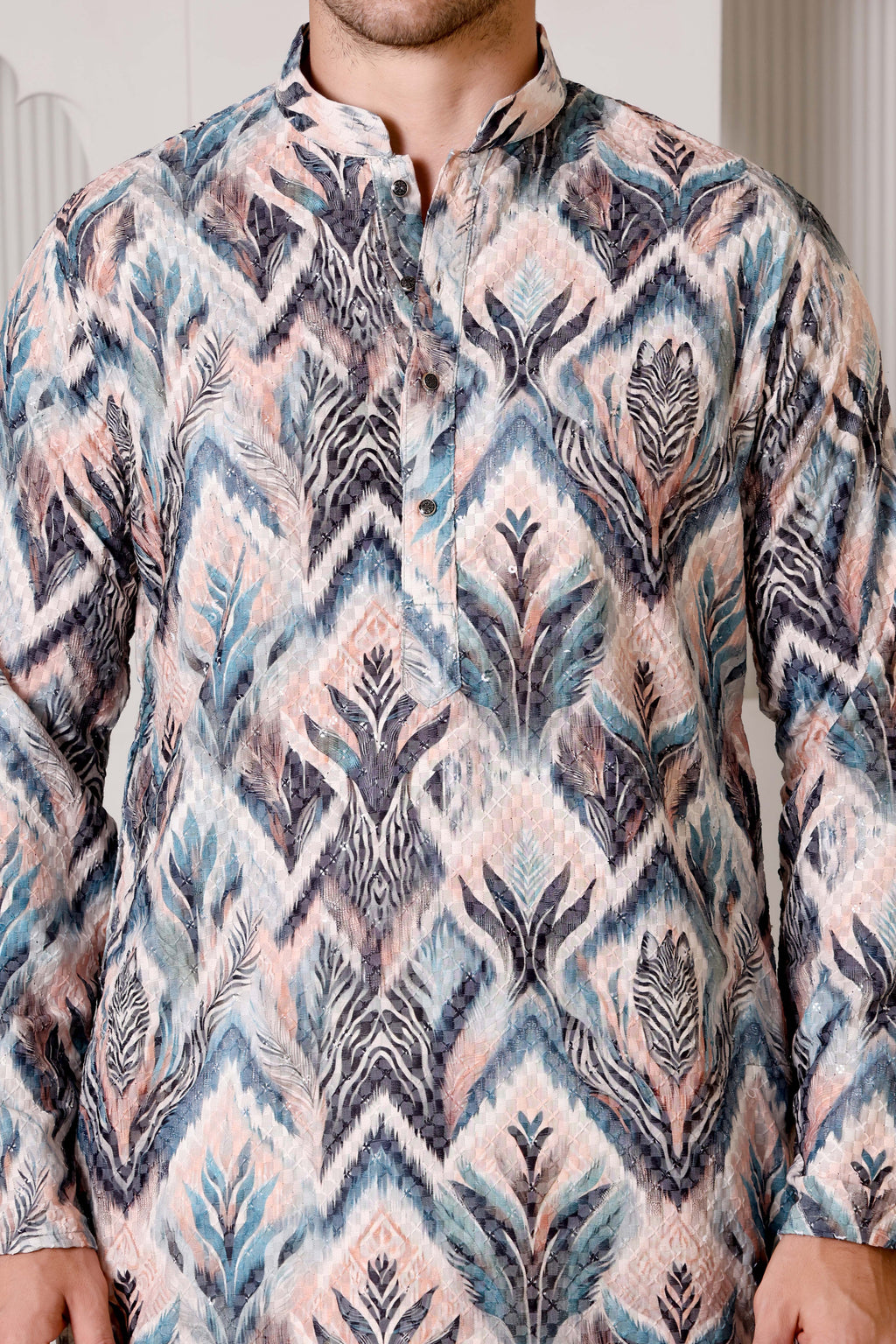 Abstract Pastel & Blue Printed Cotton Kurta Set with White Pajama