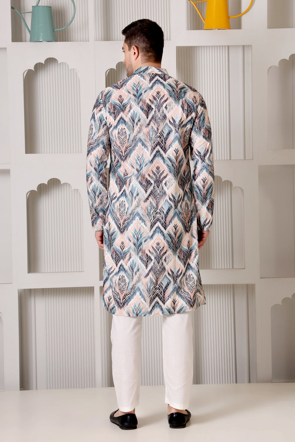 Abstract Pastel & Blue Printed Cotton Kurta Set with White Pajama