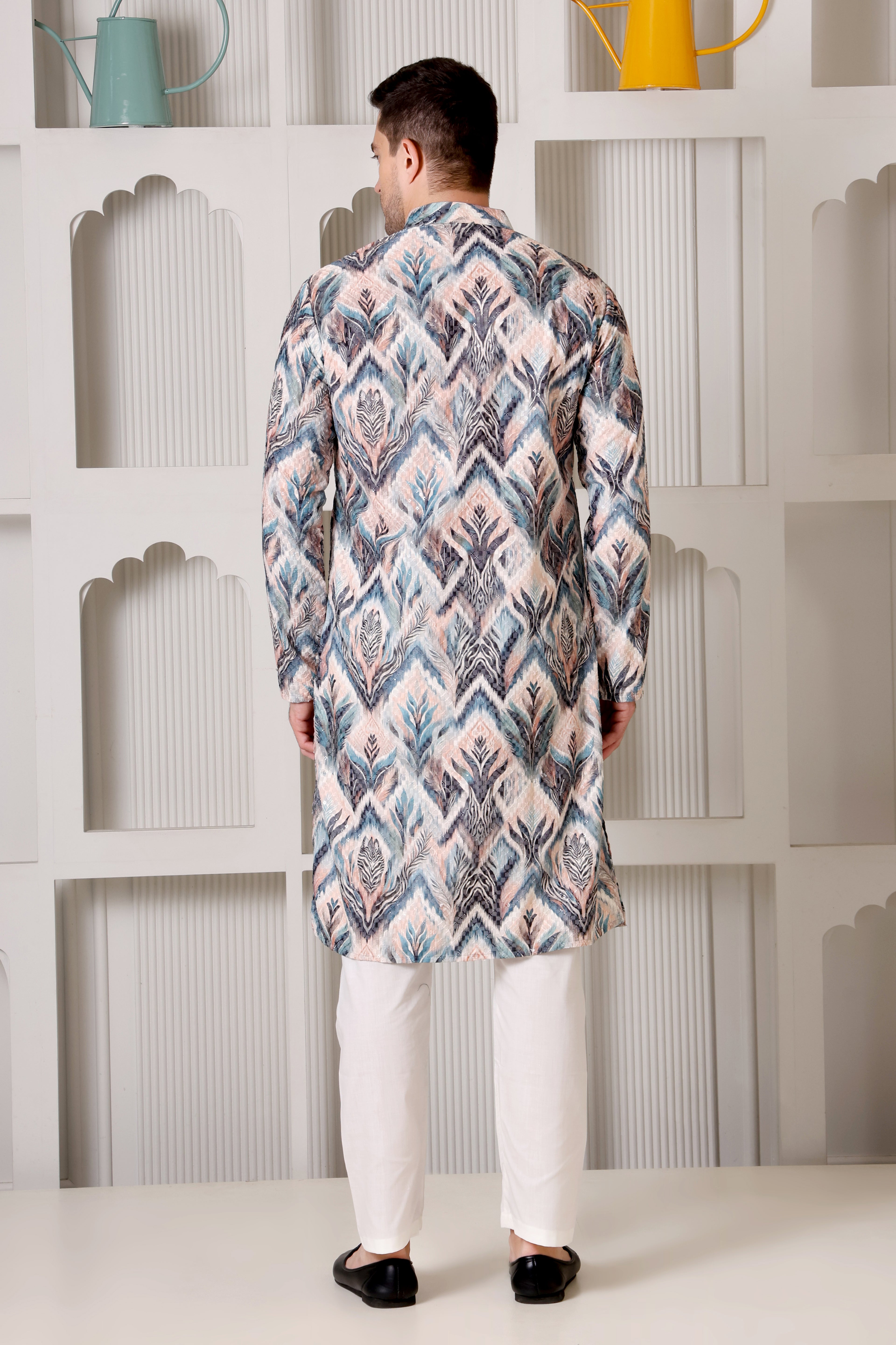 Abstract Pastel & Blue Printed Cotton Kurta Set with White Pajama