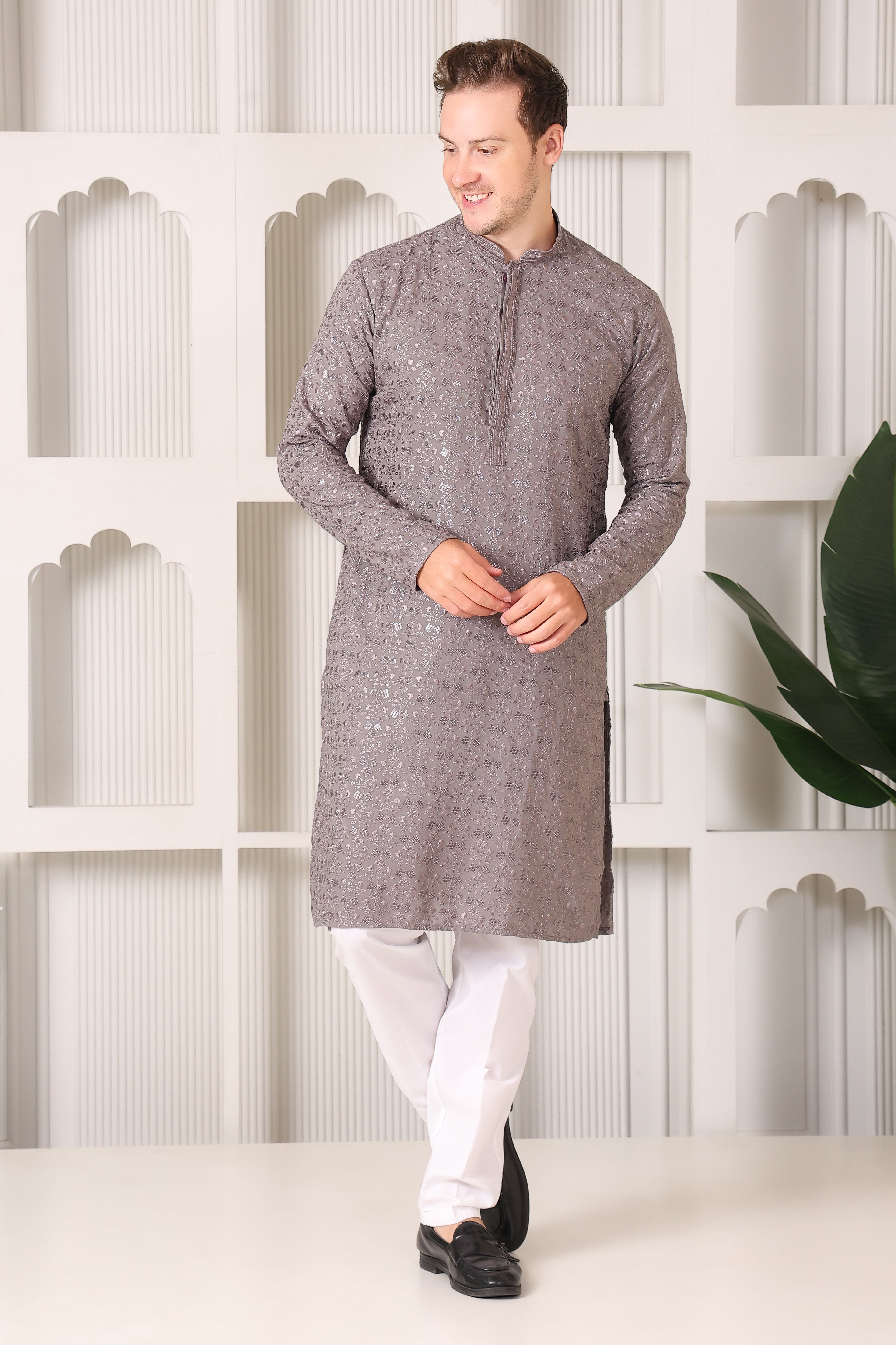 Taupe Floral Embroidered Kurta Pajama Set for Men