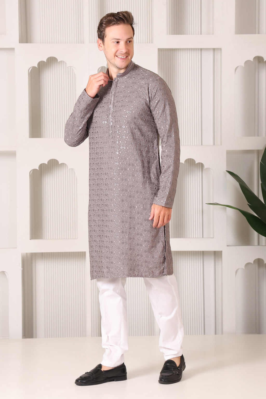Taupe Floral Embroidered Kurta Pajama Set for Men