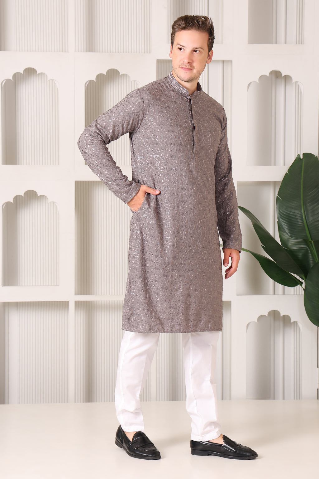 Taupe Floral Embroidered Kurta Pajama Set for Men