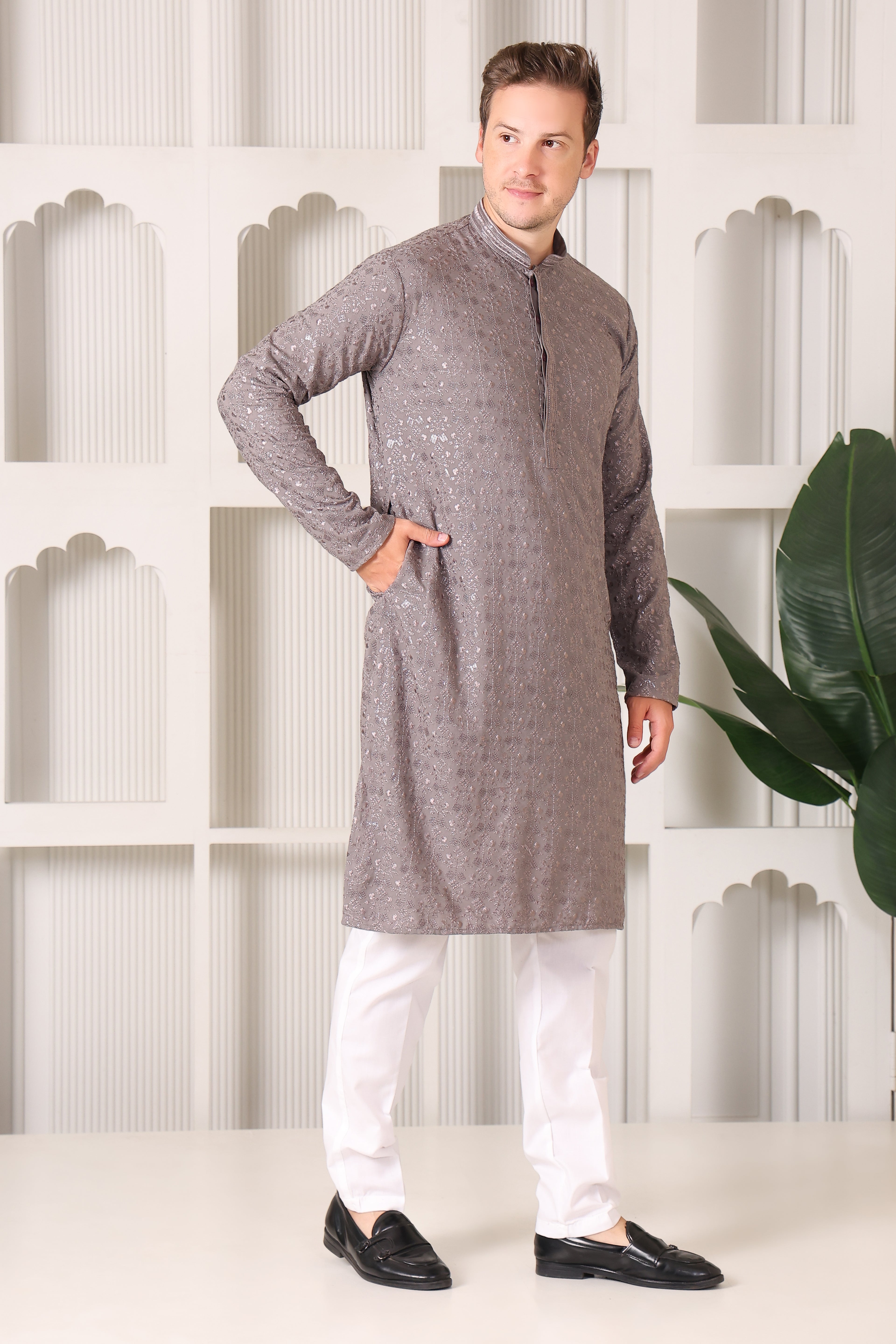 Taupe Floral Embroidered Kurta Pajama Set for Men