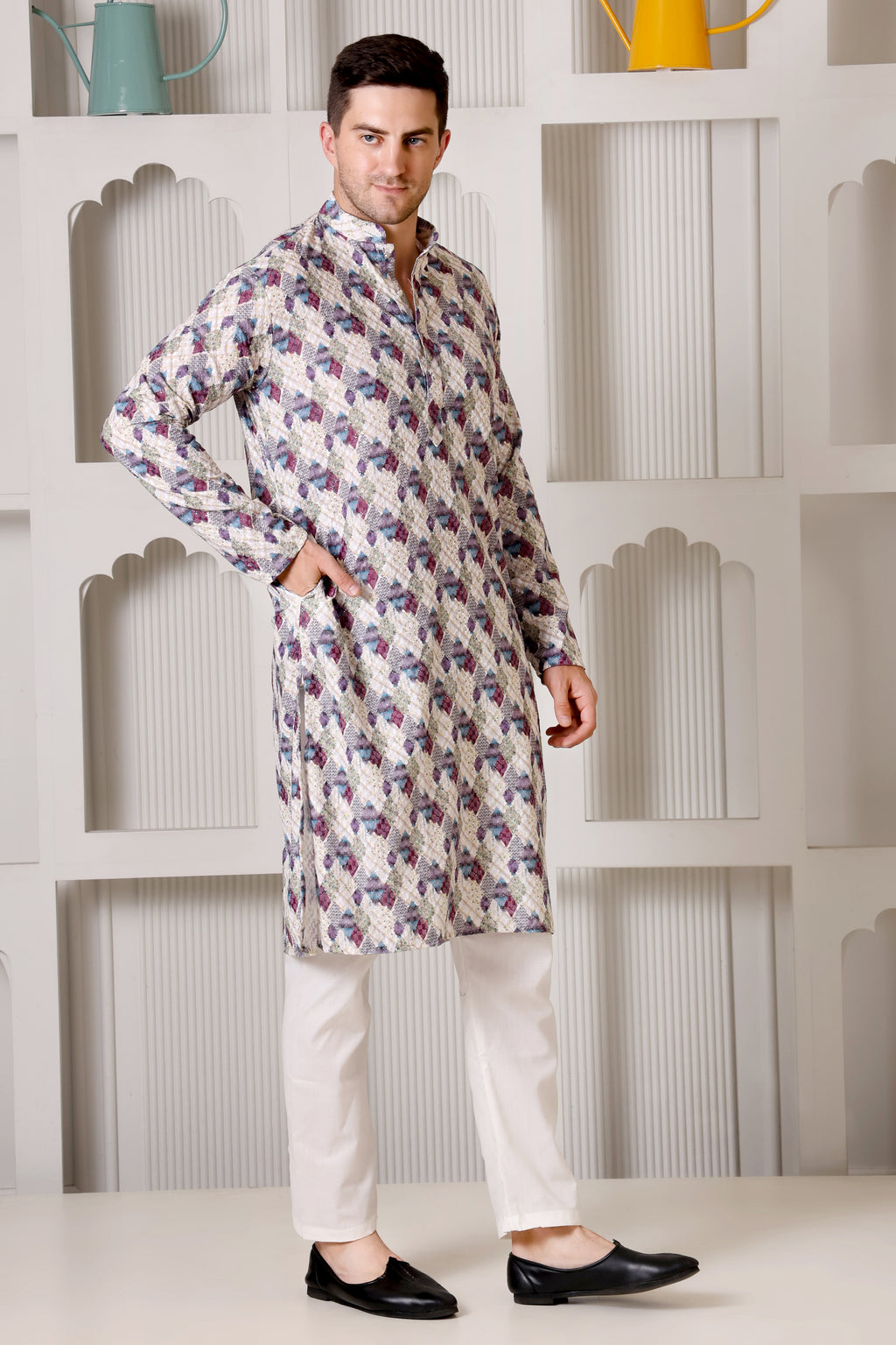 Elegant Multi-Color Geometric Printed Kurta Pajama Set