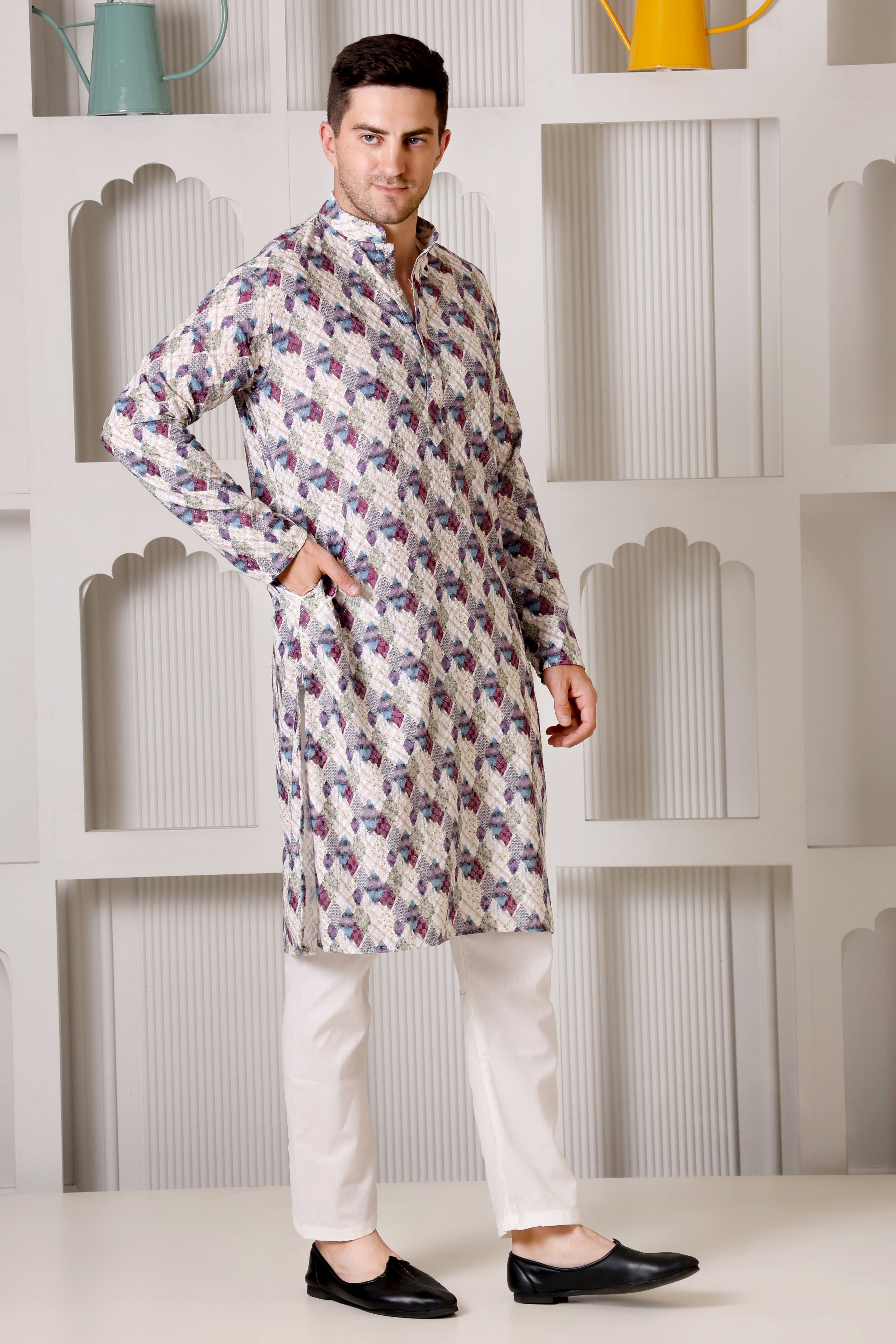 Elegant Multi-Color Geometric Printed Kurta Pajama Set