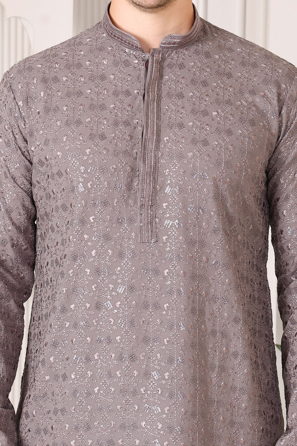Taupe Floral Embroidered Kurta Pajama Set for Men