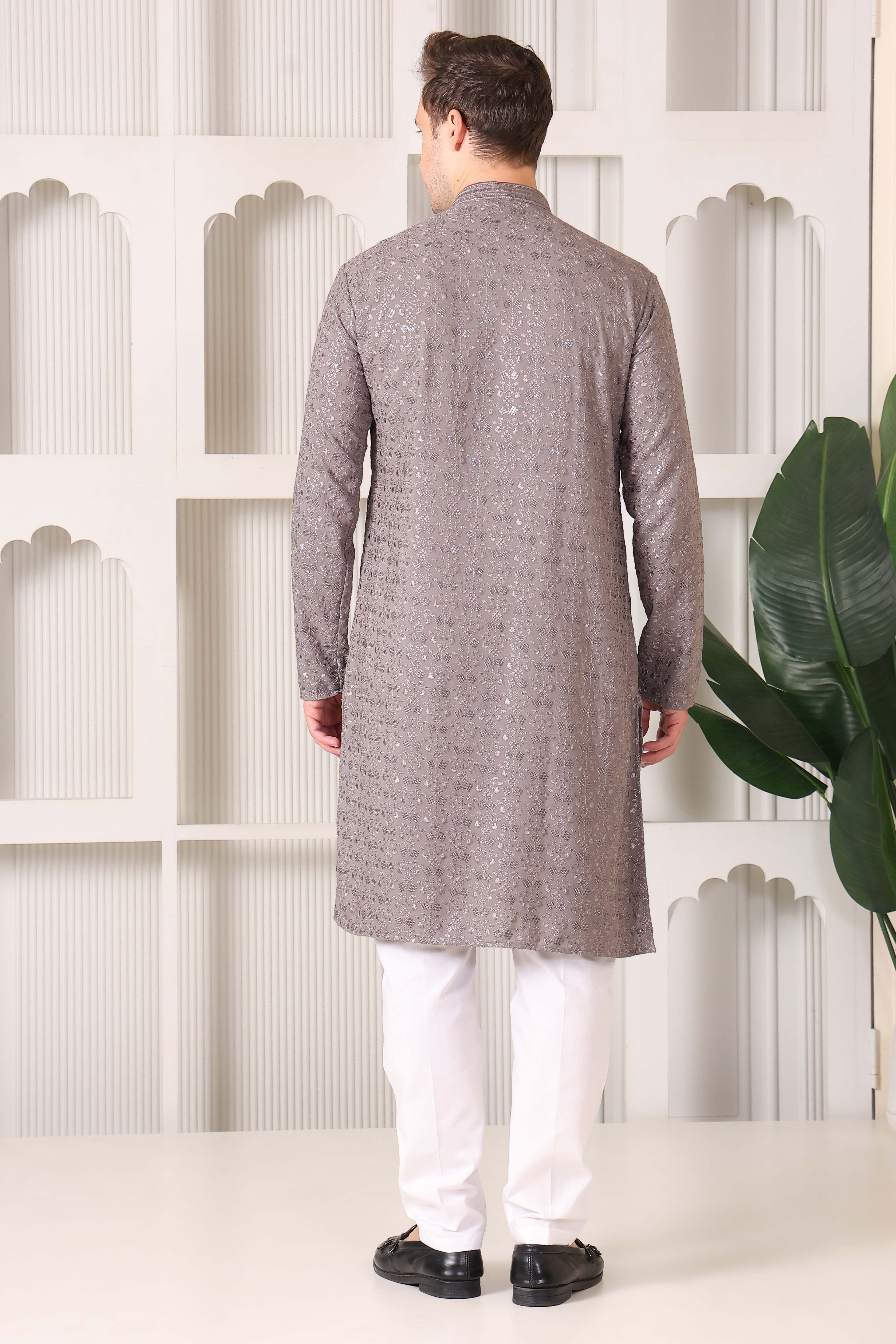 Taupe Floral Embroidered Kurta Pajama Set for Men