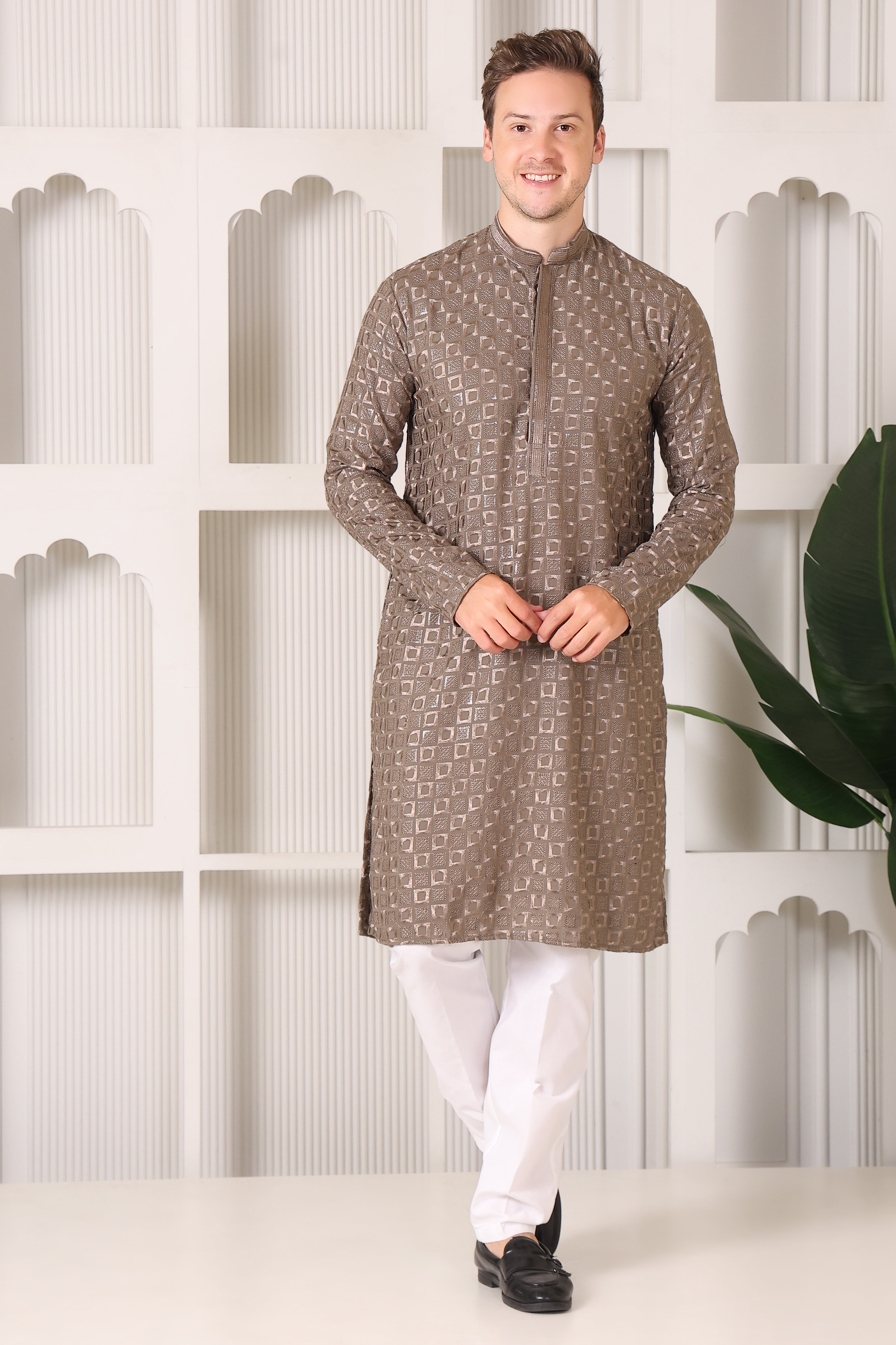 Men’s Taupe Gold Reyon Cotton Kurta Pajama with Thread & Sequin Work