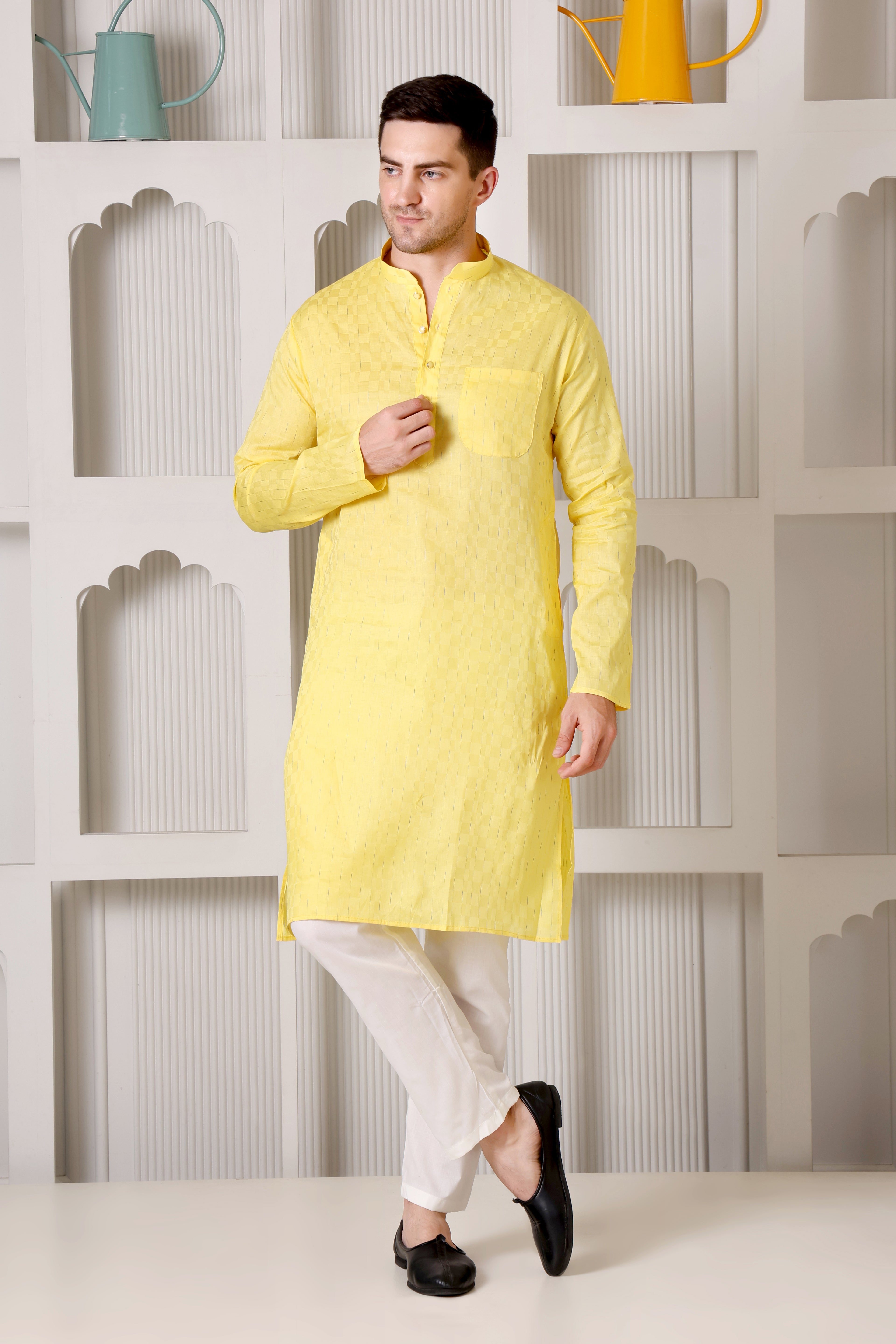 Yellow Pure Cotton Kurta Set with Subtle Striped Weave