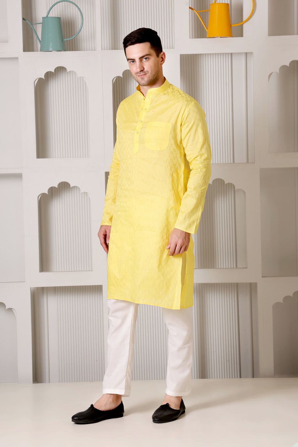 Yellow Pure Cotton Kurta Set with Subtle Striped Weave