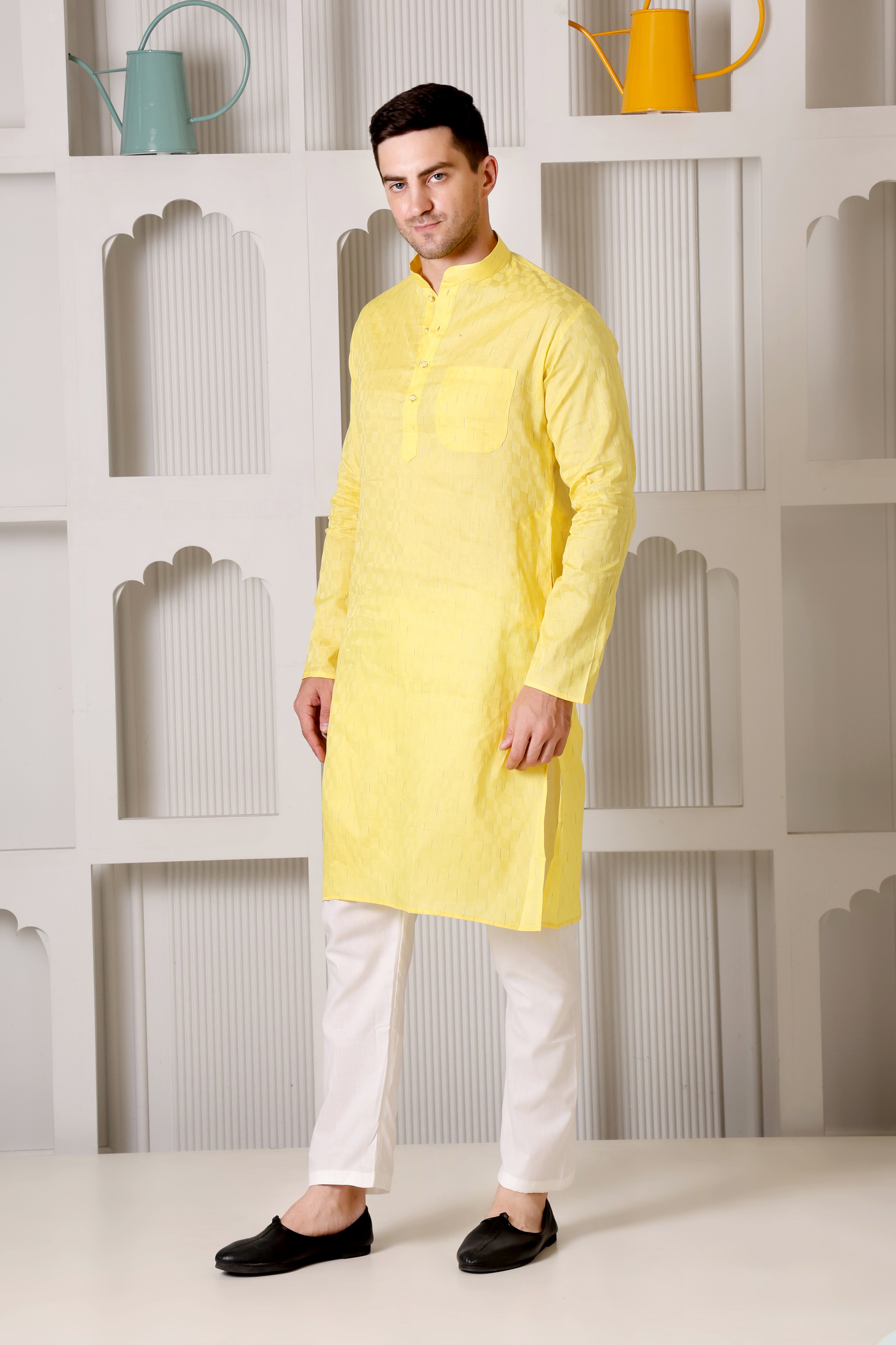 Yellow Pure Cotton Kurta Set with Subtle Striped Weave