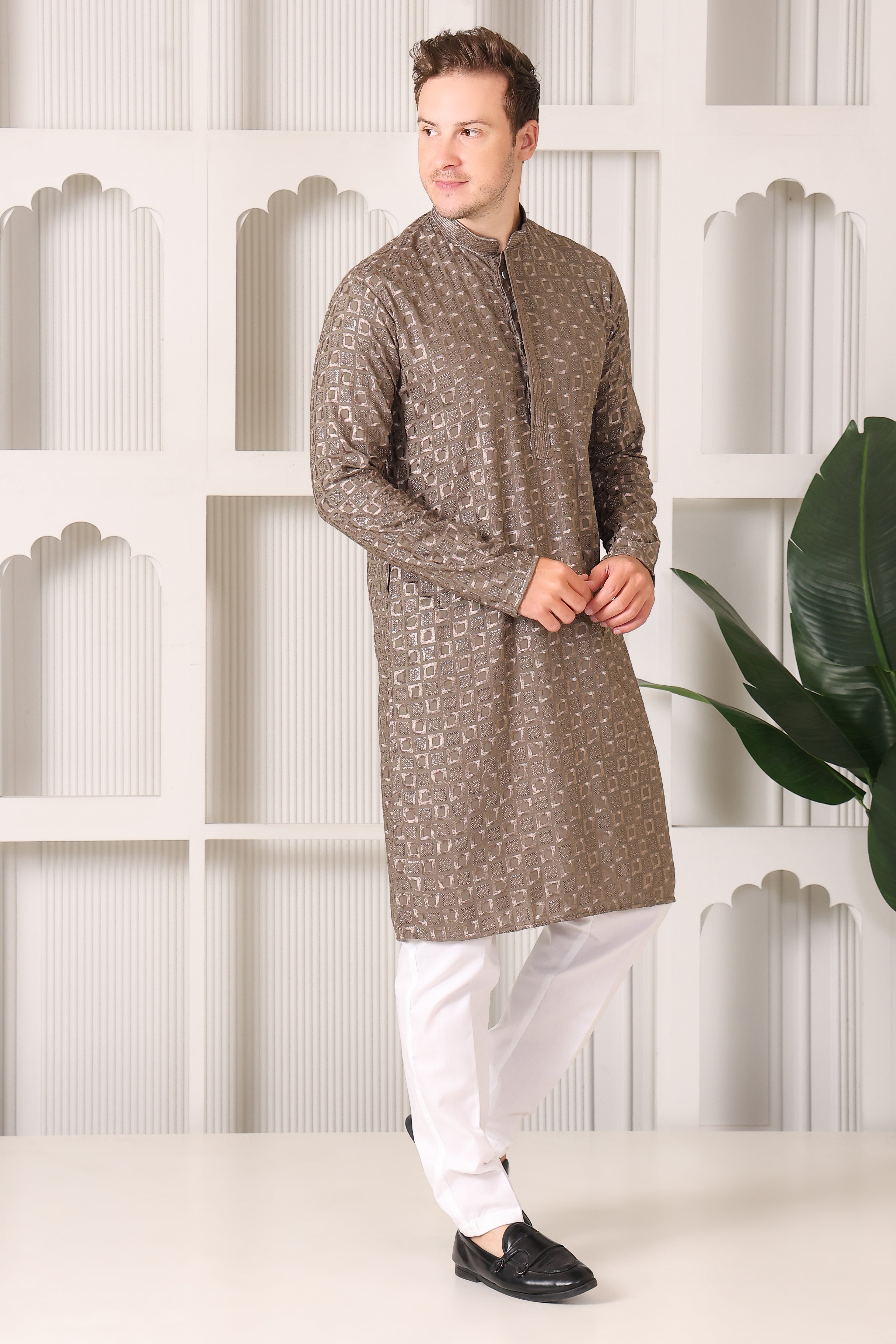 Men’s Taupe Gold Reyon Cotton Kurta Pajama with Thread & Sequin Work