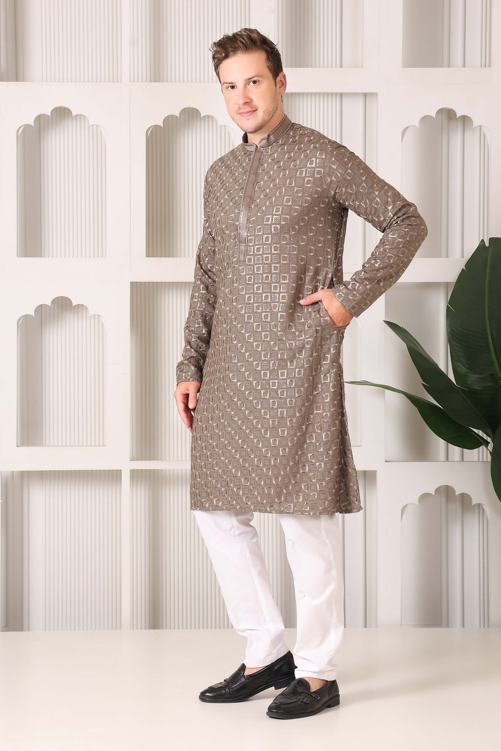 Men’s Taupe Gold Reyon Cotton Kurta Pajama with Thread & Sequin Work