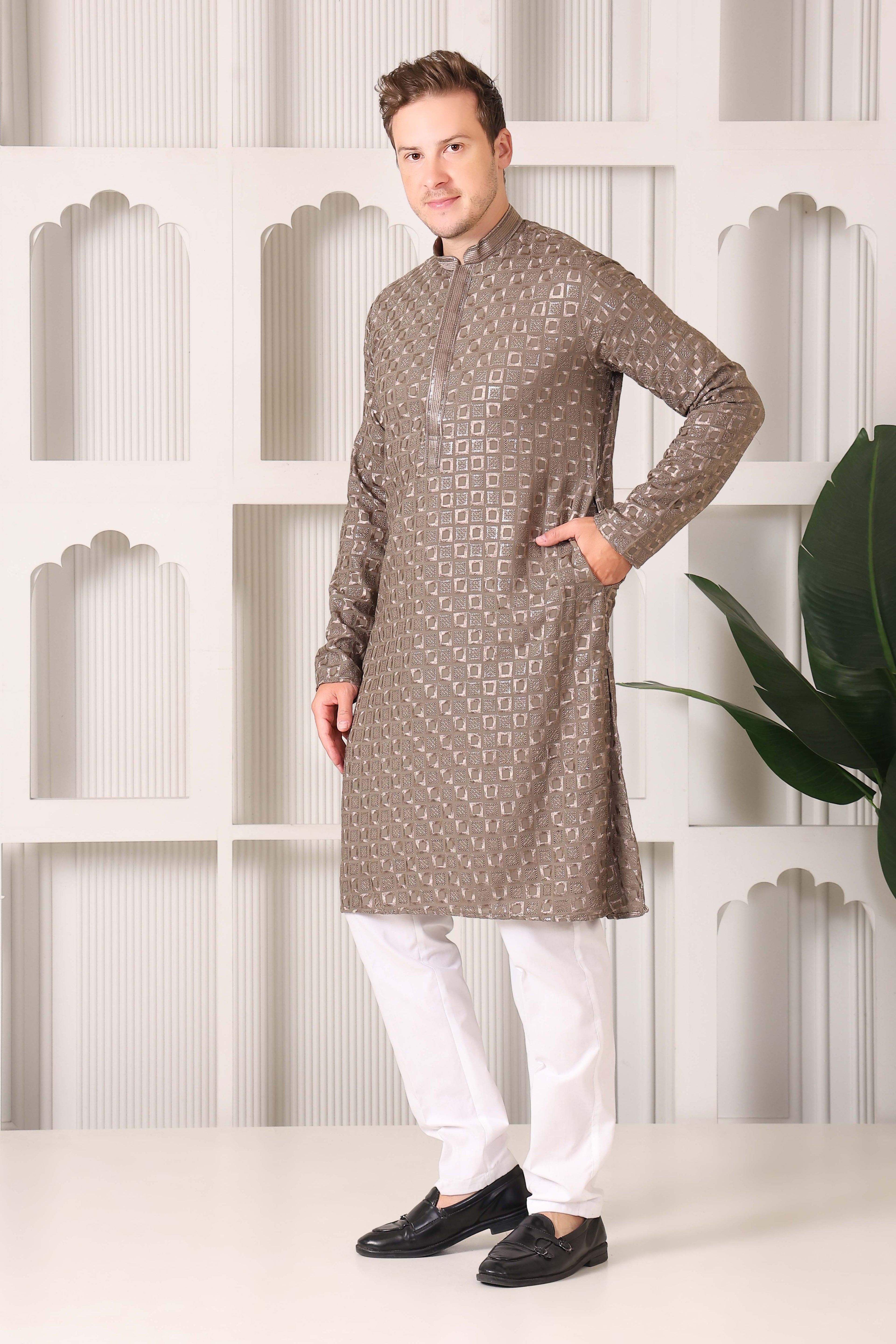 Men’s Taupe Gold Reyon Cotton Kurta Pajama with Thread & Sequin Work
