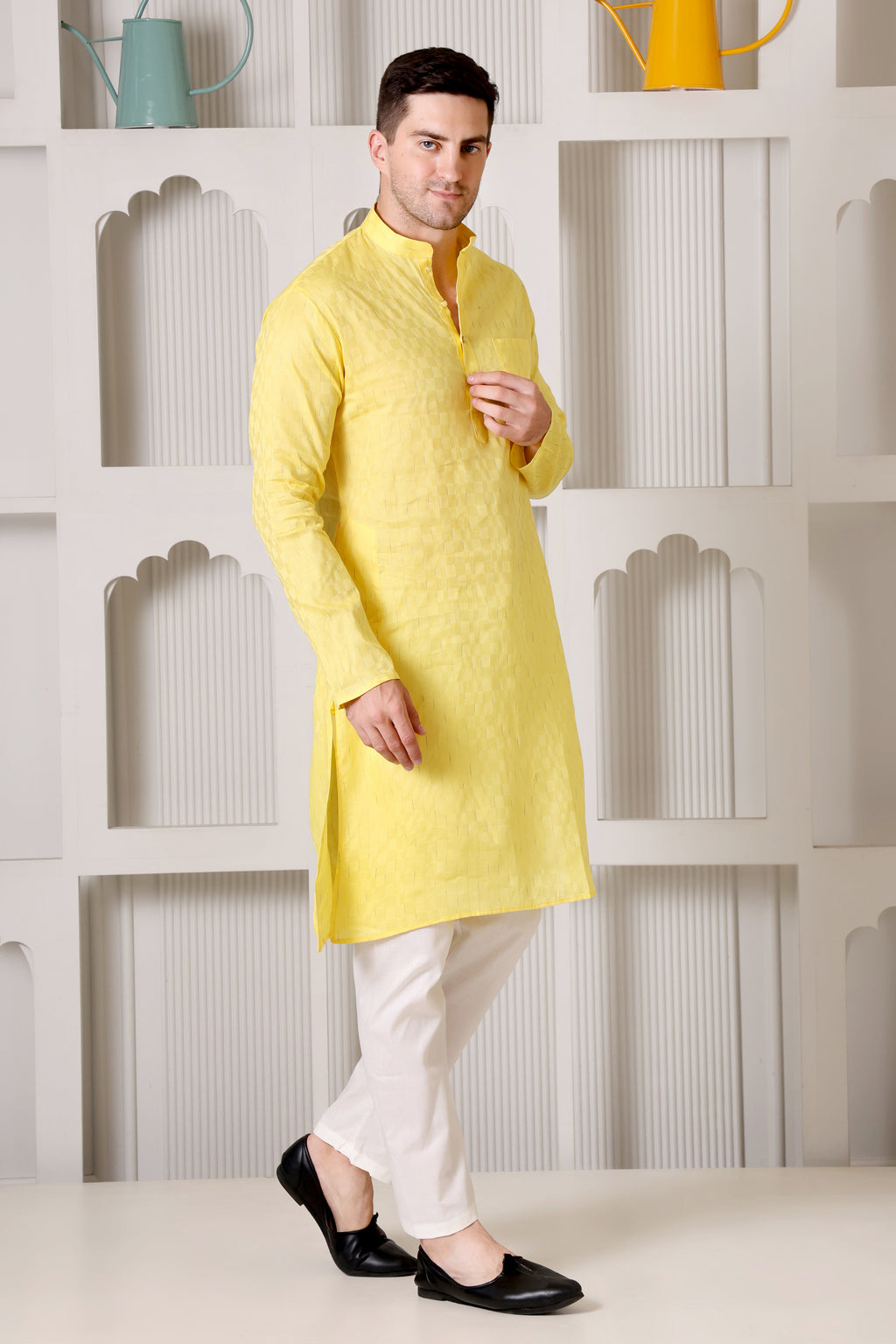 Yellow Pure Cotton Kurta Set with Subtle Striped Weave