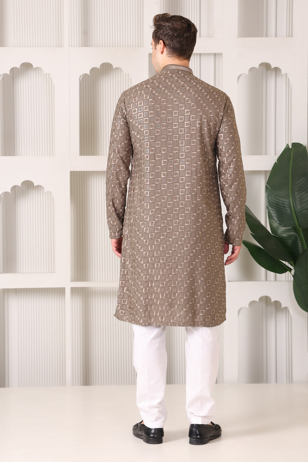 Men’s Taupe Gold Reyon Cotton Kurta Pajama with Thread & Sequin Work