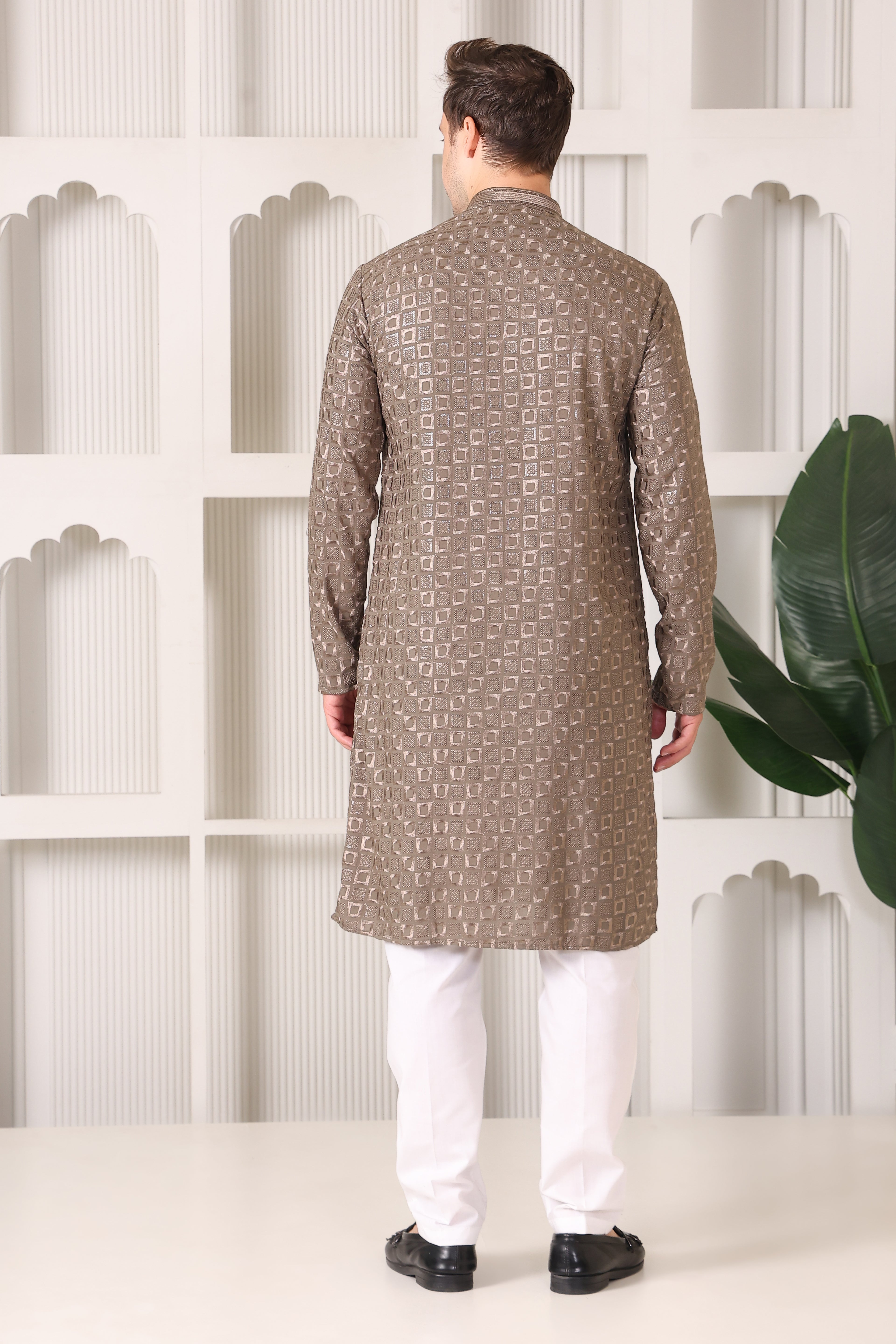 Men’s Taupe Gold Reyon Cotton Kurta Pajama with Thread & Sequin Work