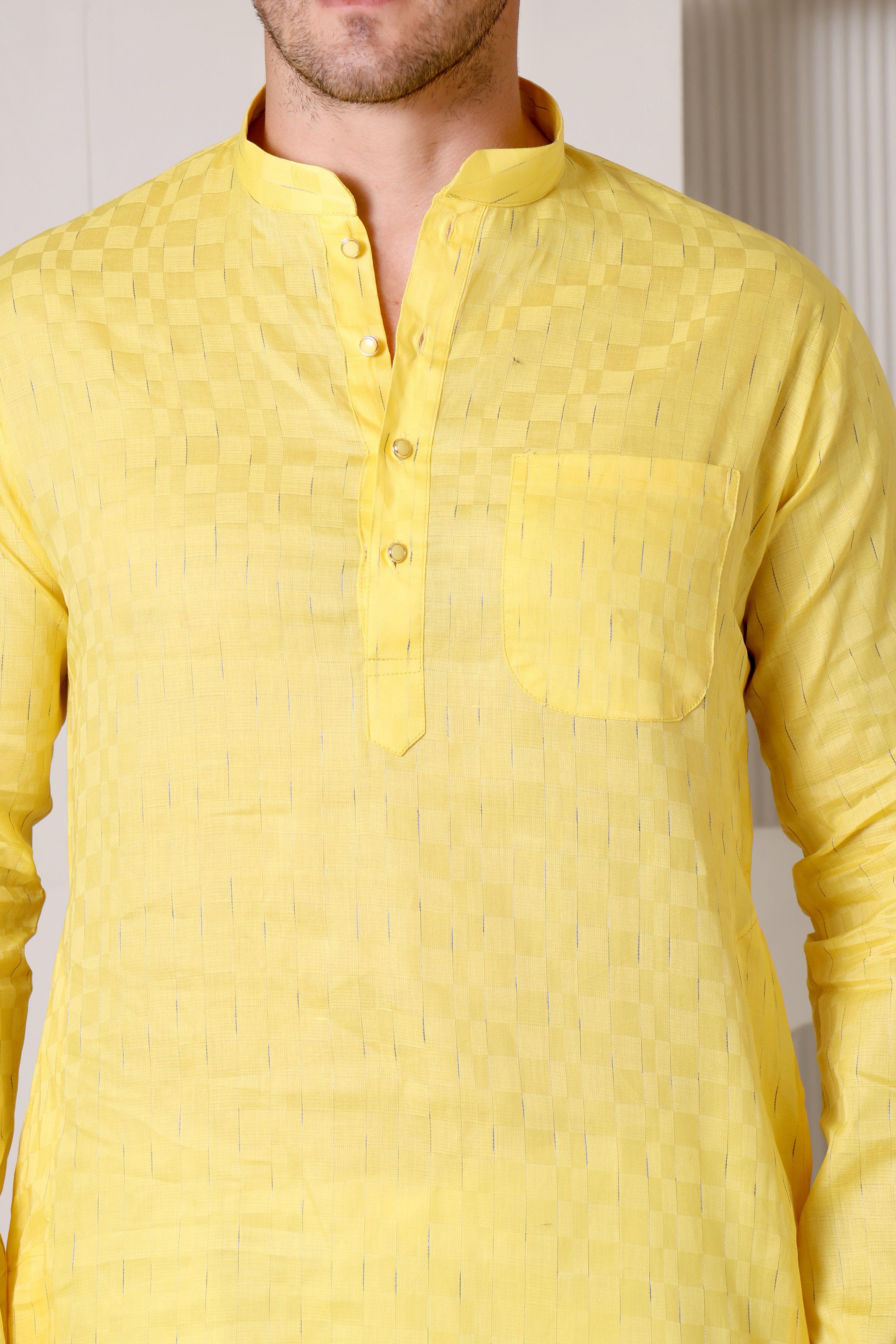 Yellow Pure Cotton Kurta Set with Subtle Striped Weave