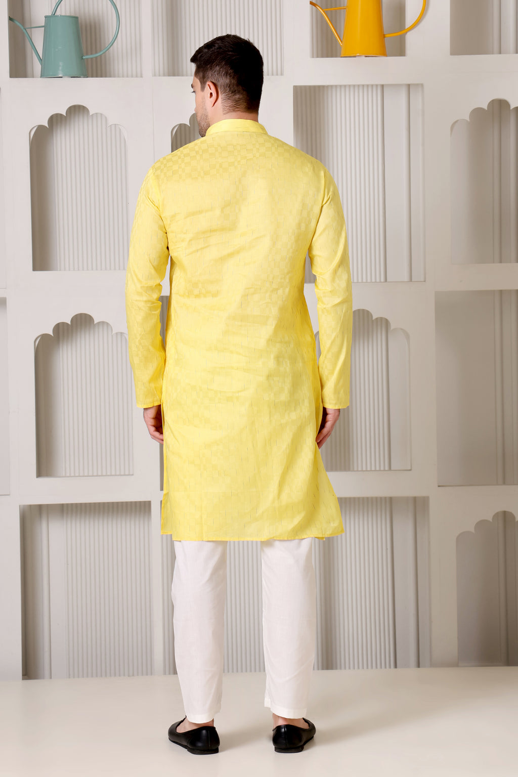 Yellow Pure Cotton Kurta Set with Subtle Striped Weave