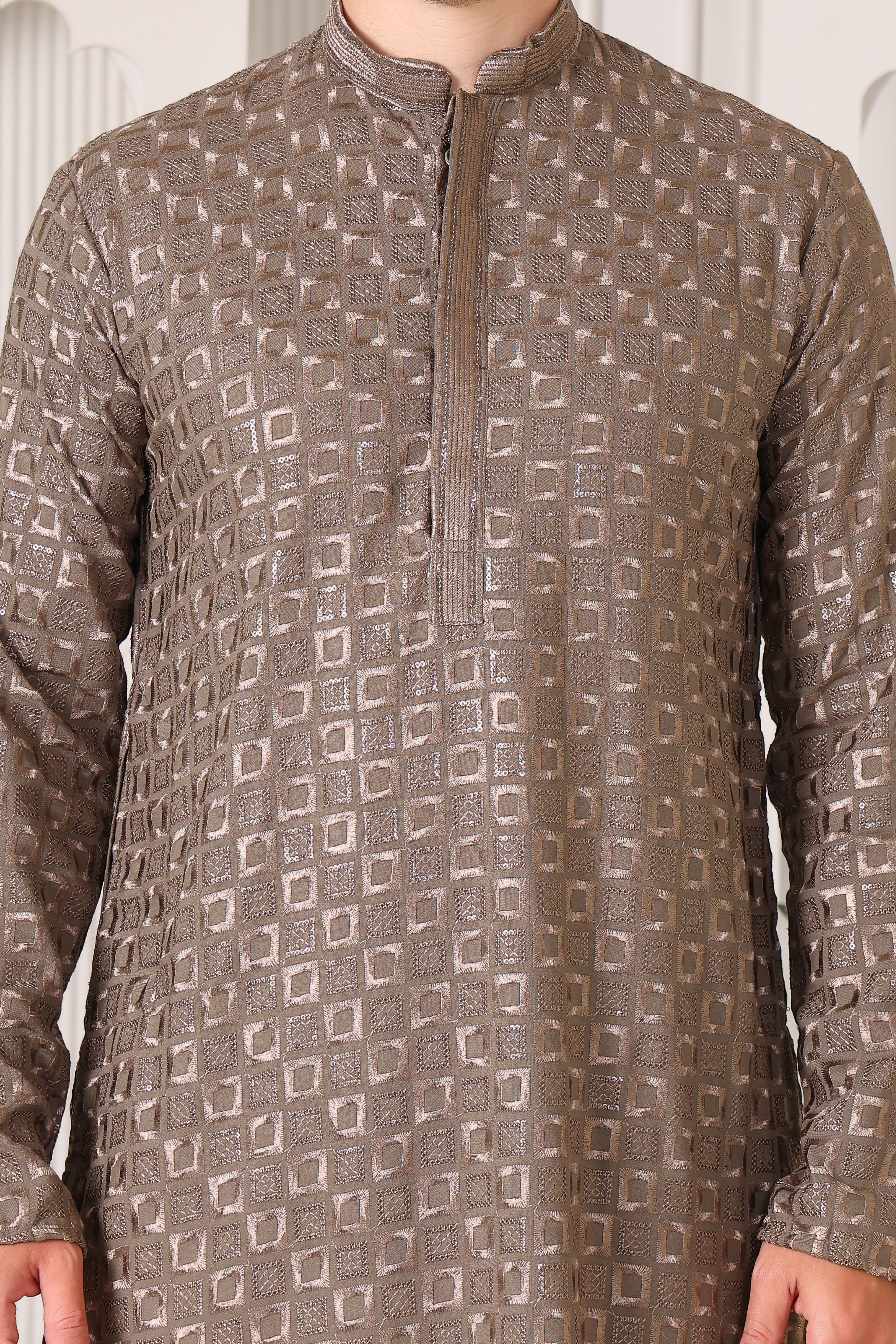 Men’s Taupe Gold Reyon Cotton Kurta Pajama with Thread & Sequin Work