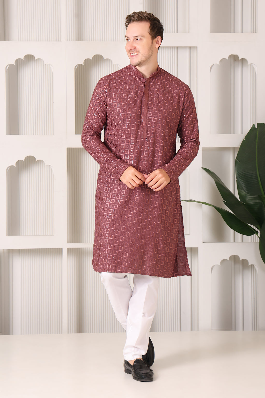 Men’s Rose Wine Textured Kurta Pajama with Thread & Sequin Work