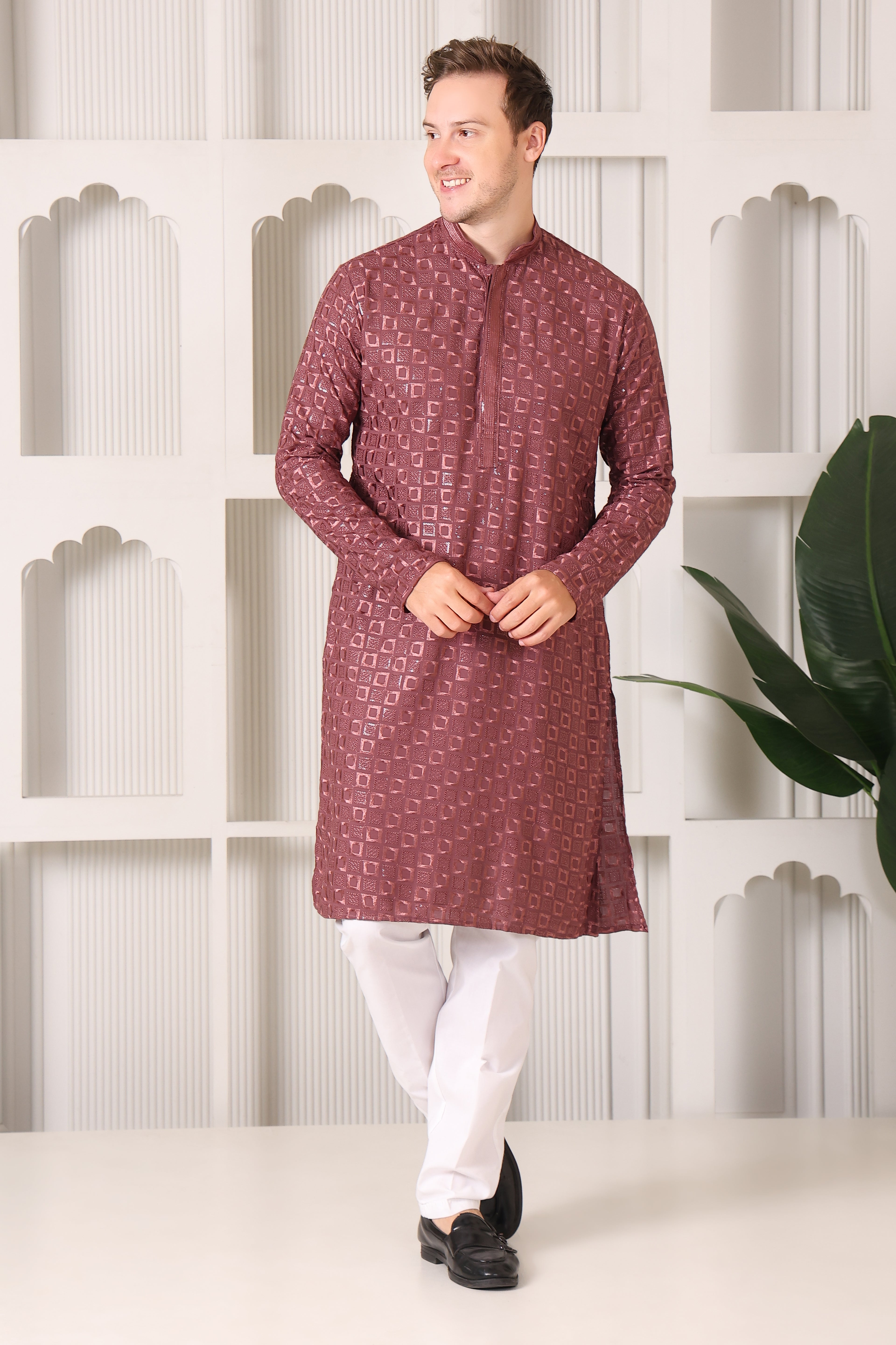 Men’s Rose Wine Textured Kurta Pajama with Thread & Sequin Work