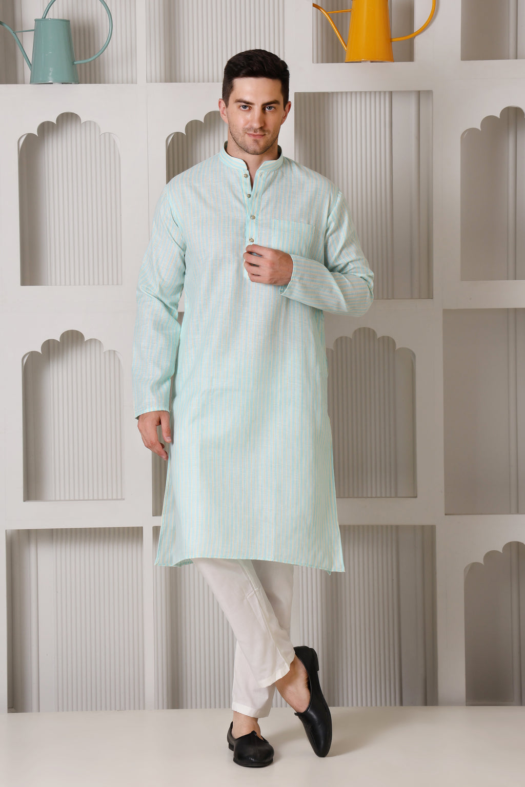 Green & Yellow Striped Cotton Blend Kurta with White Pajama – Classic Ethnic Wear Set