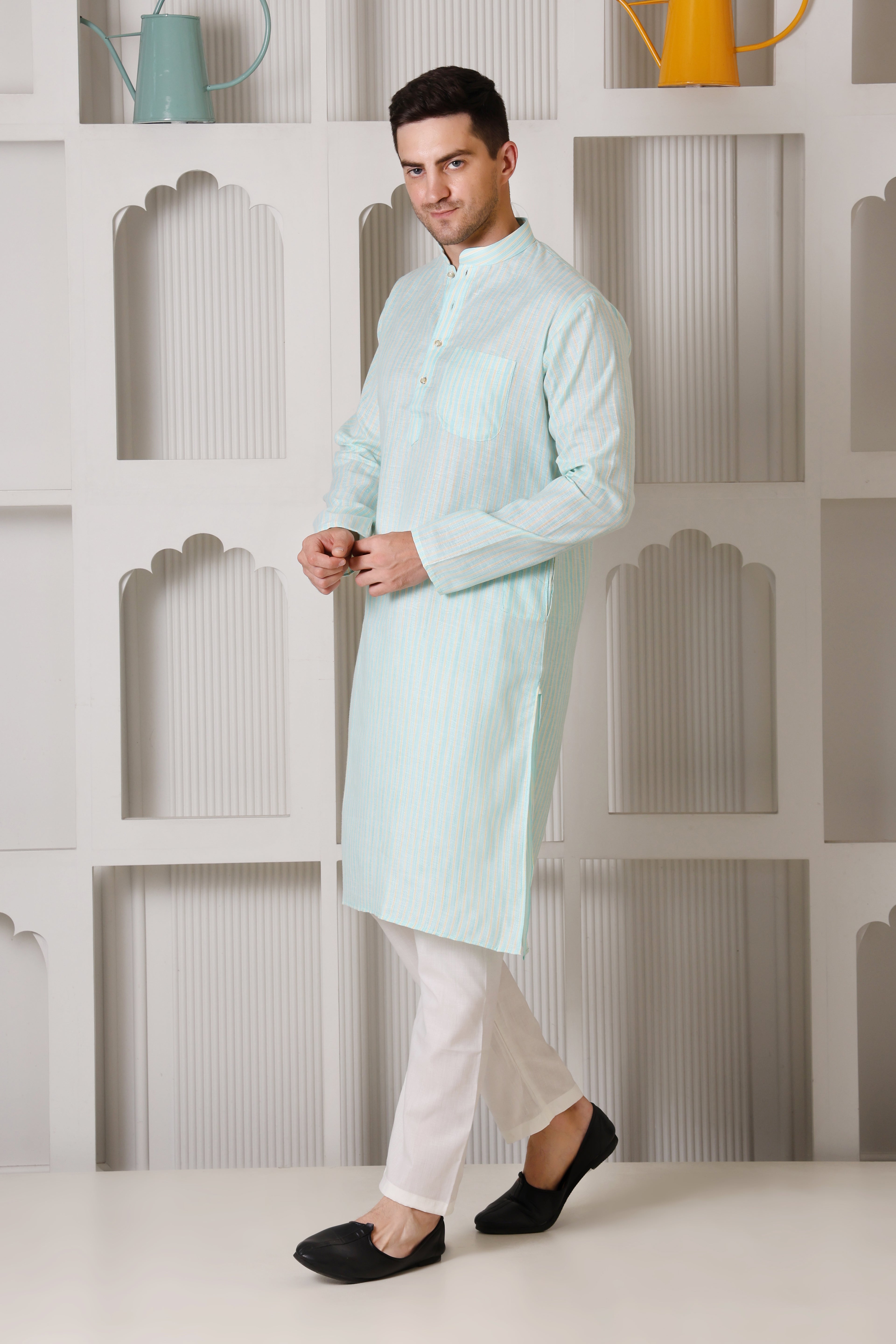 Green & Yellow Striped Cotton Blend Kurta with White Pajama – Classic Ethnic Wear Set