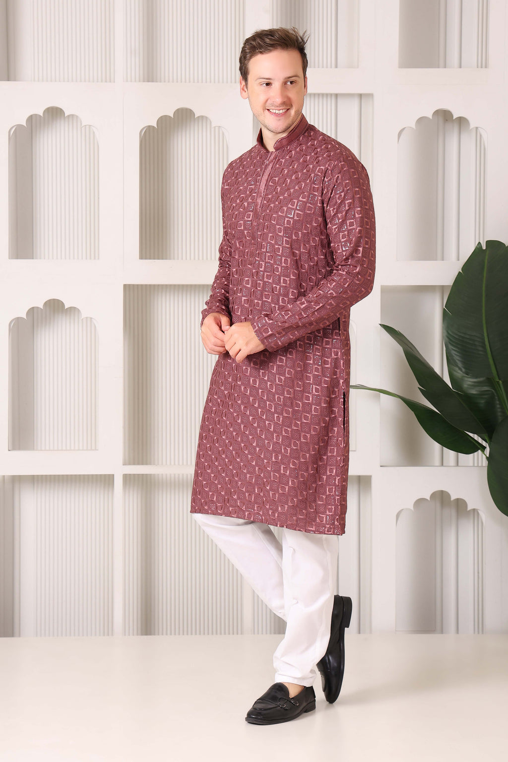 Men’s Rose Wine Textured Kurta Pajama with Thread & Sequin Work