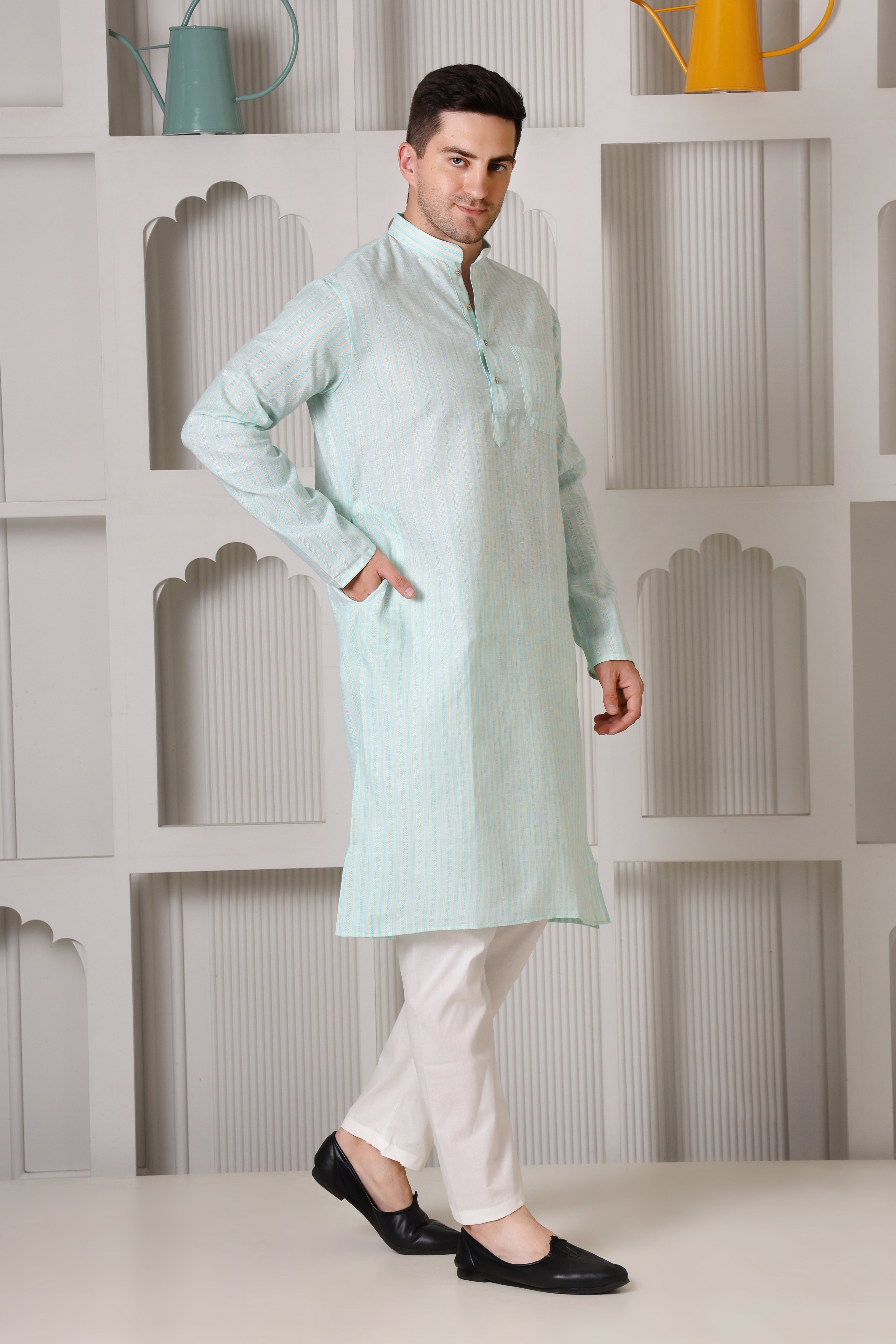 Green & Yellow Striped Cotton Blend Kurta with White Pajama – Classic Ethnic Wear Set