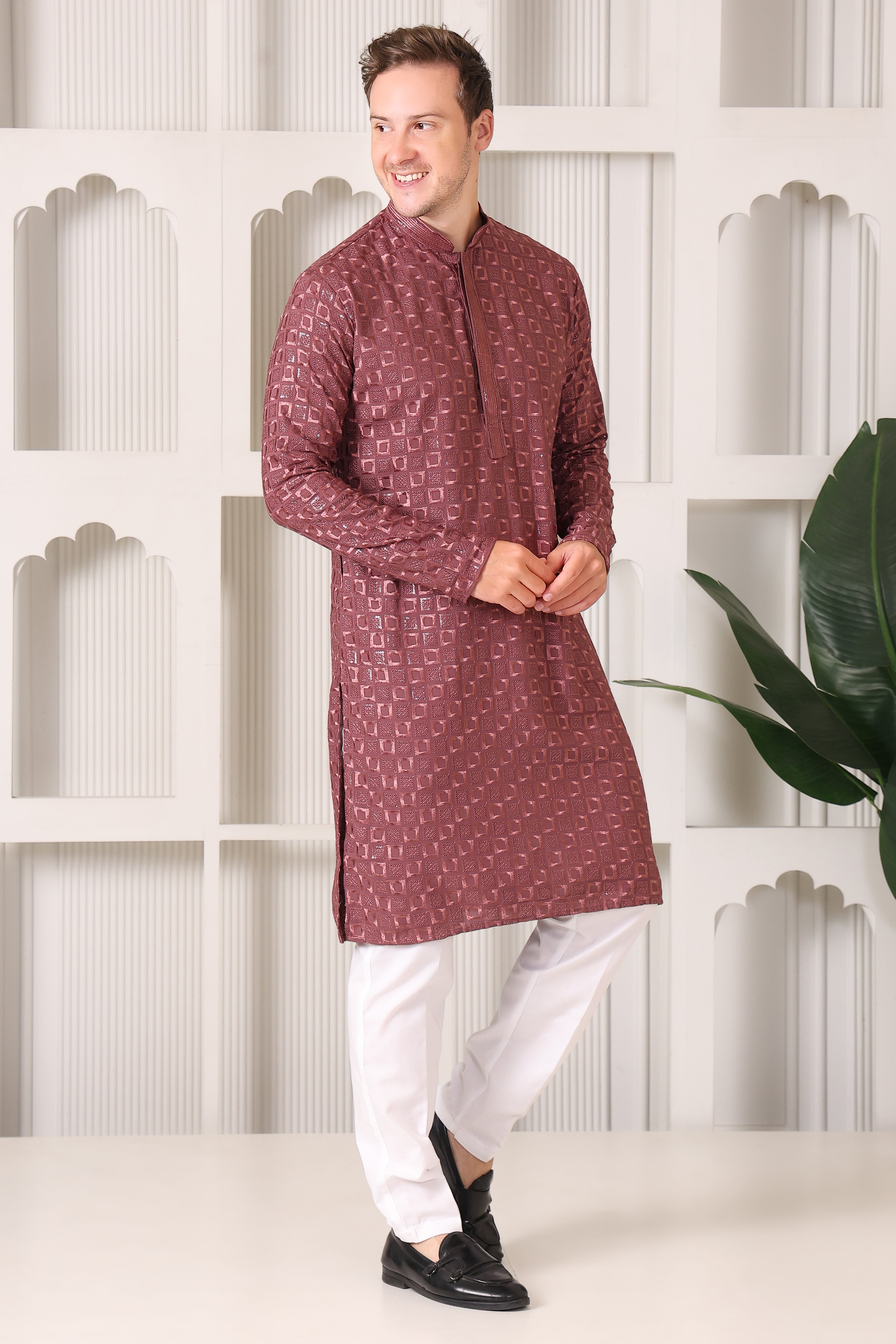 Men’s Rose Wine Textured Kurta Pajama with Thread & Sequin Work