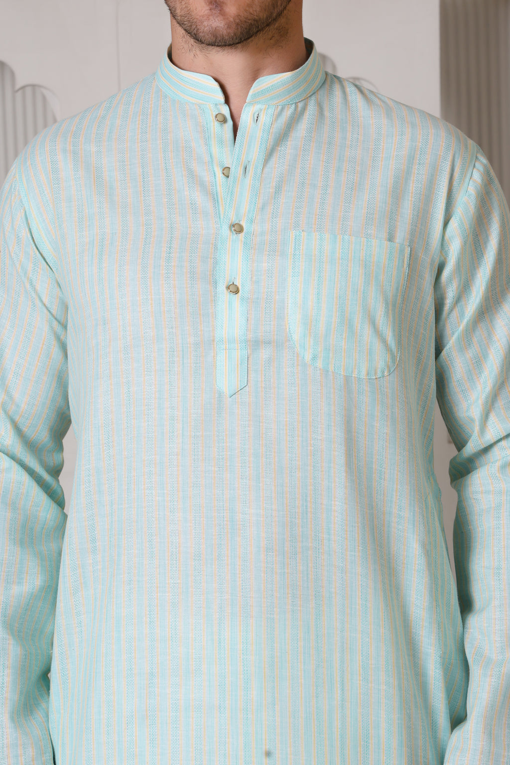 Green & Yellow Striped Cotton Blend Kurta with White Pajama – Classic Ethnic Wear Set