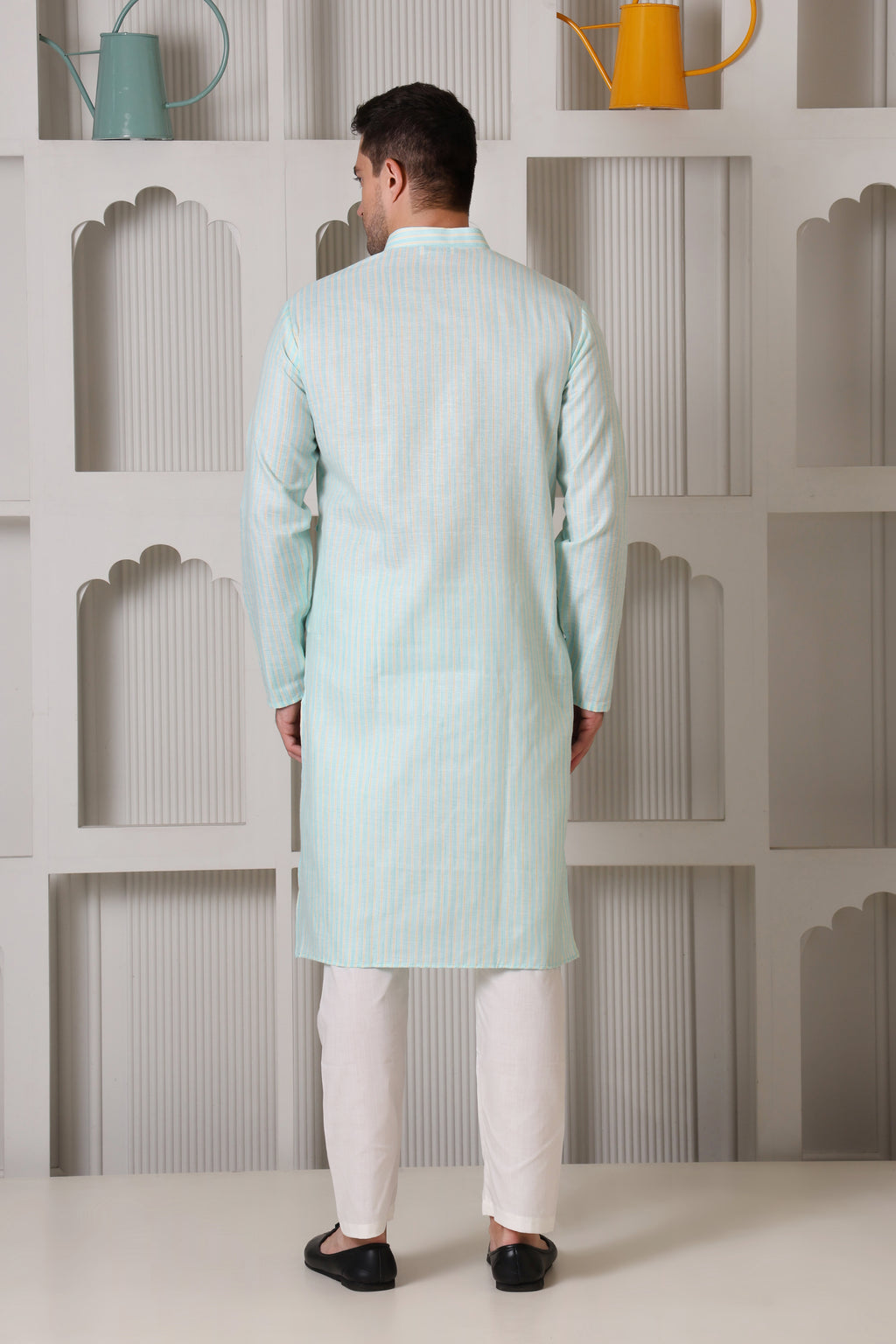 Green & Yellow Striped Cotton Blend Kurta with White Pajama – Classic Ethnic Wear Set