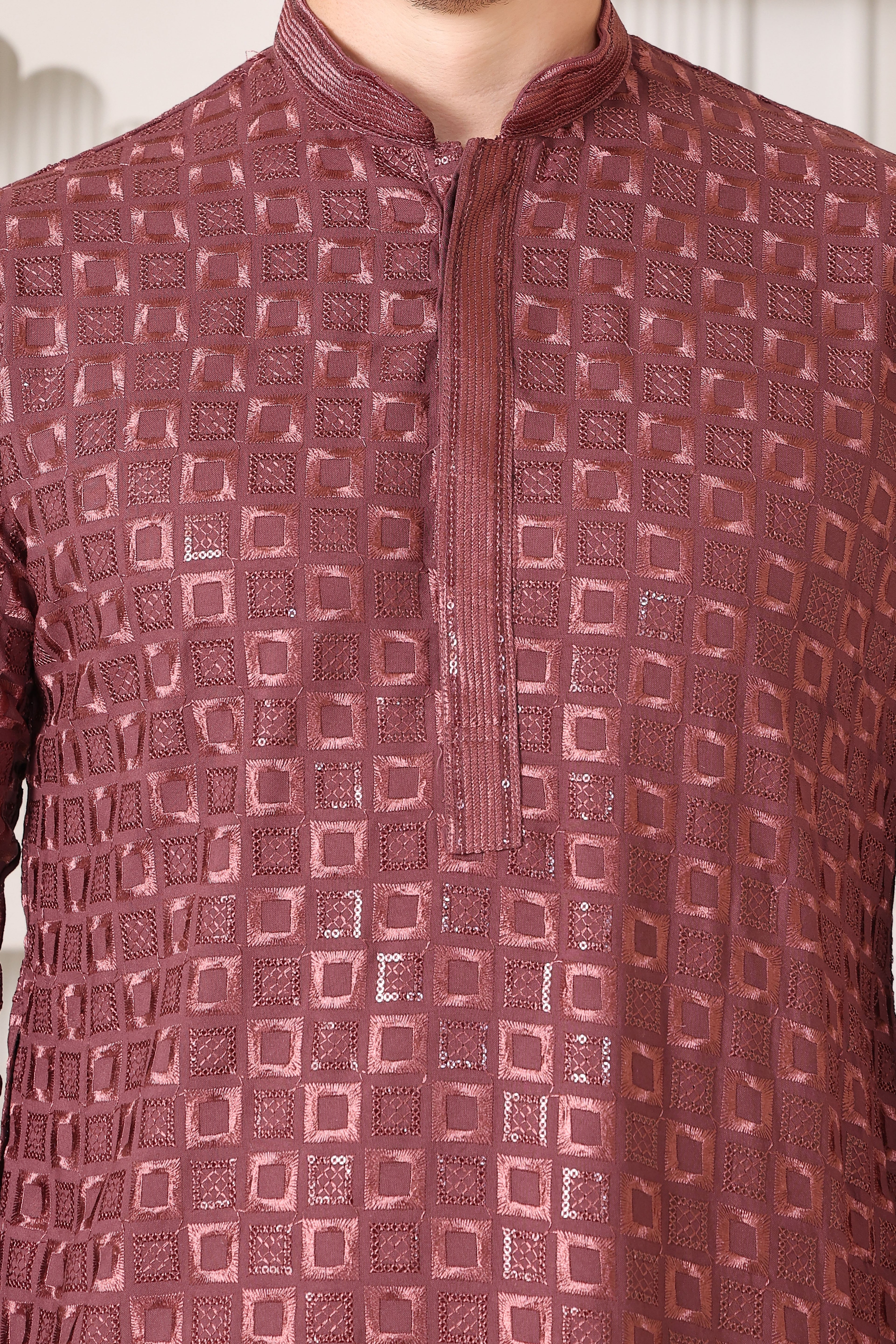 Men’s Rose Wine Textured Kurta Pajama with Thread & Sequin Work