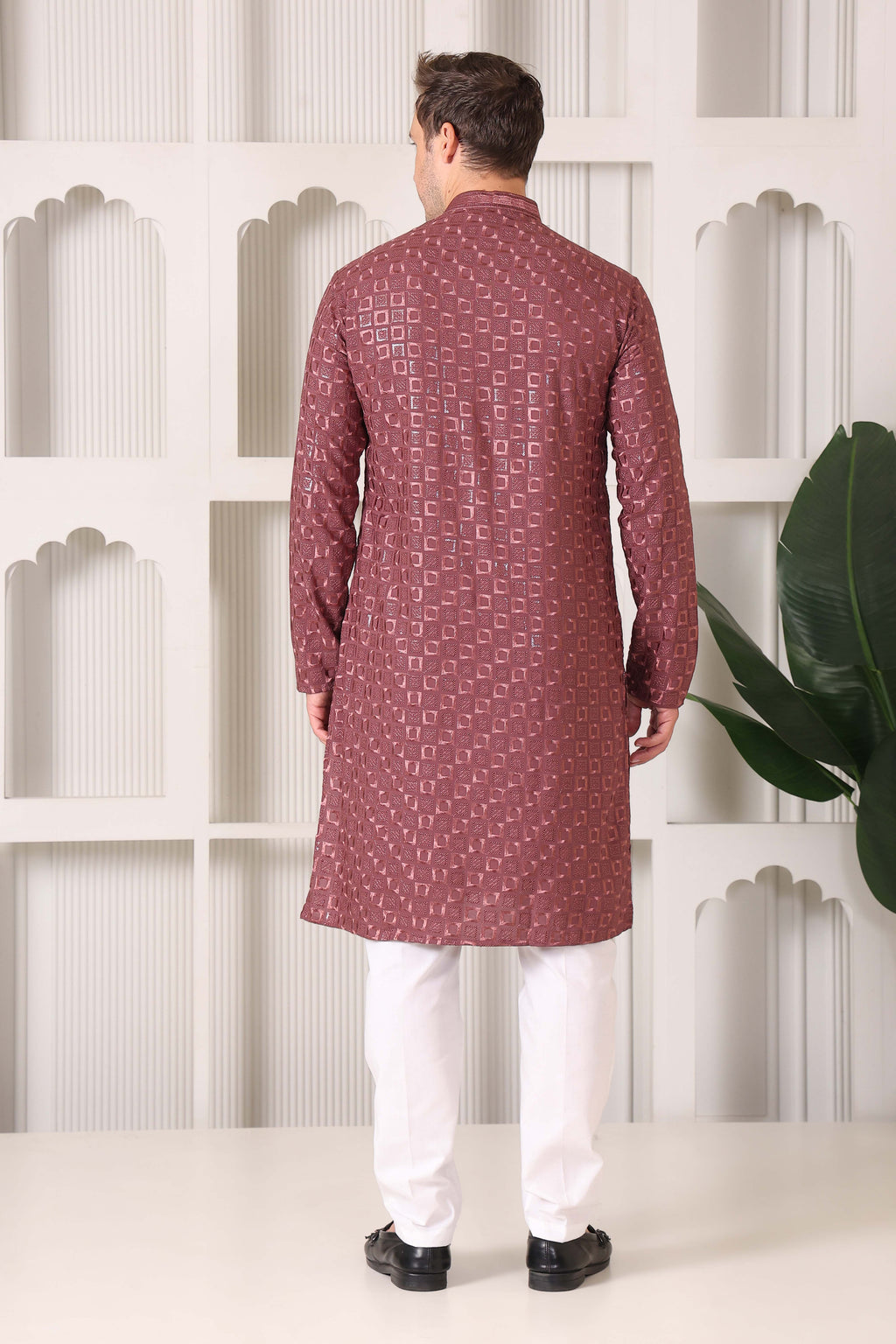 Men’s Rose Wine Textured Kurta Pajama with Thread & Sequin Work