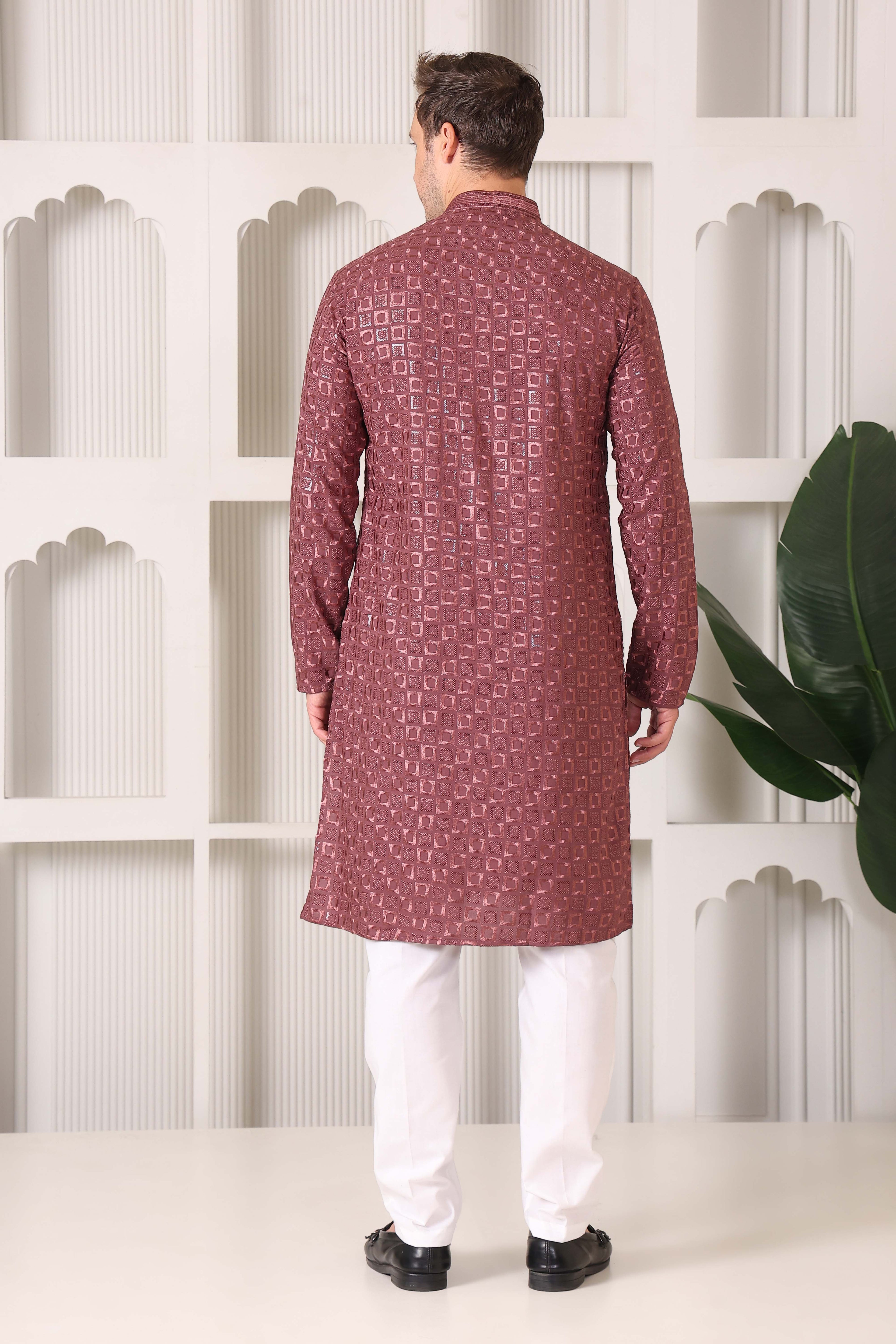 Men’s Rose Wine Textured Kurta Pajama with Thread & Sequin Work