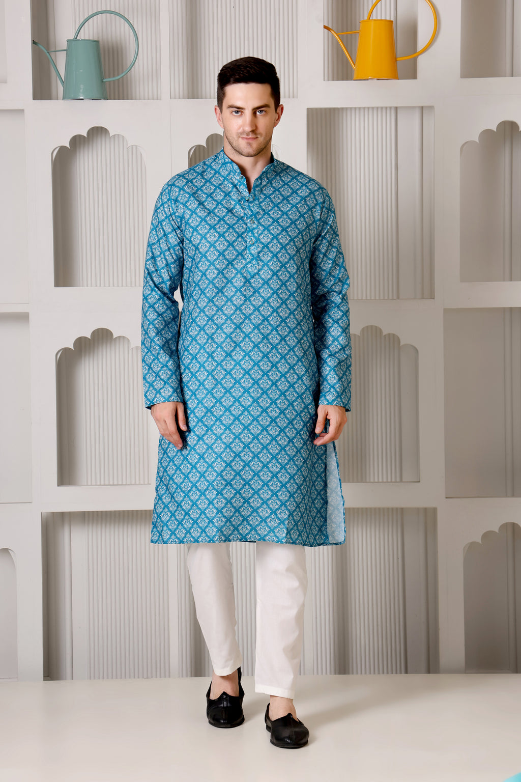 Elegant Sky-Blue & White Printed Cotton Kurta Pajama Set