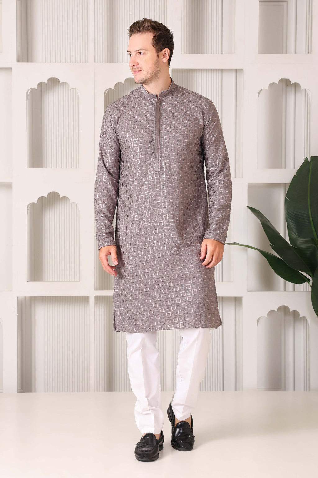 Men’s Taupe Silver Reyon Cotton Kurta Pajama with Thread & Sequin Work