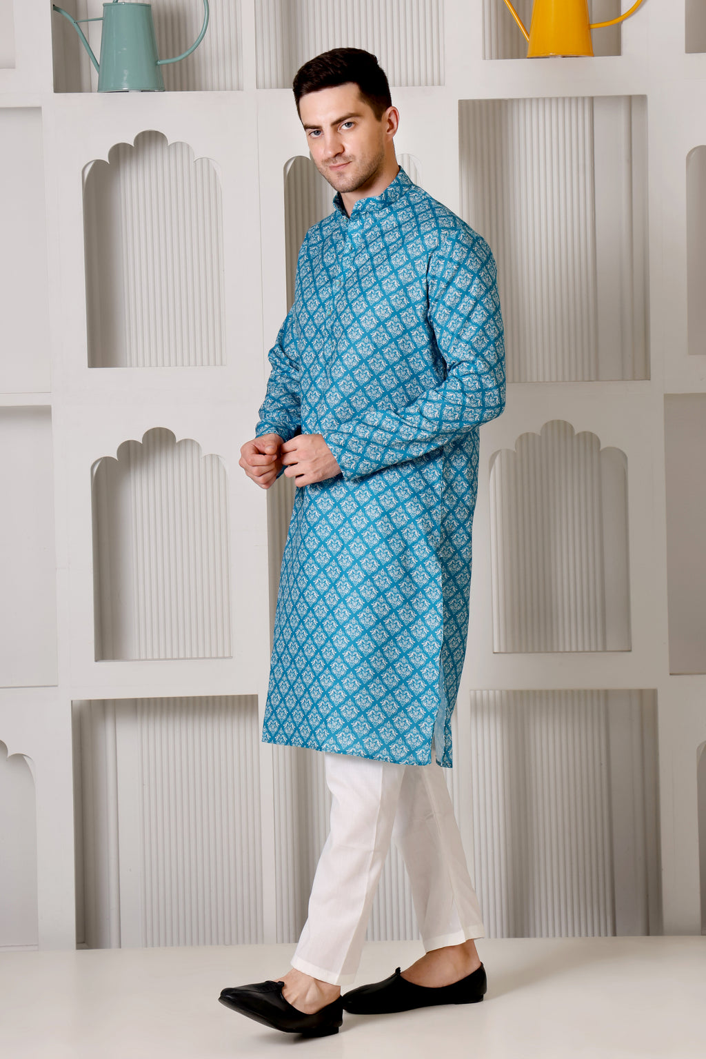 Elegant Sky-Blue & White Printed Cotton Kurta Pajama Set