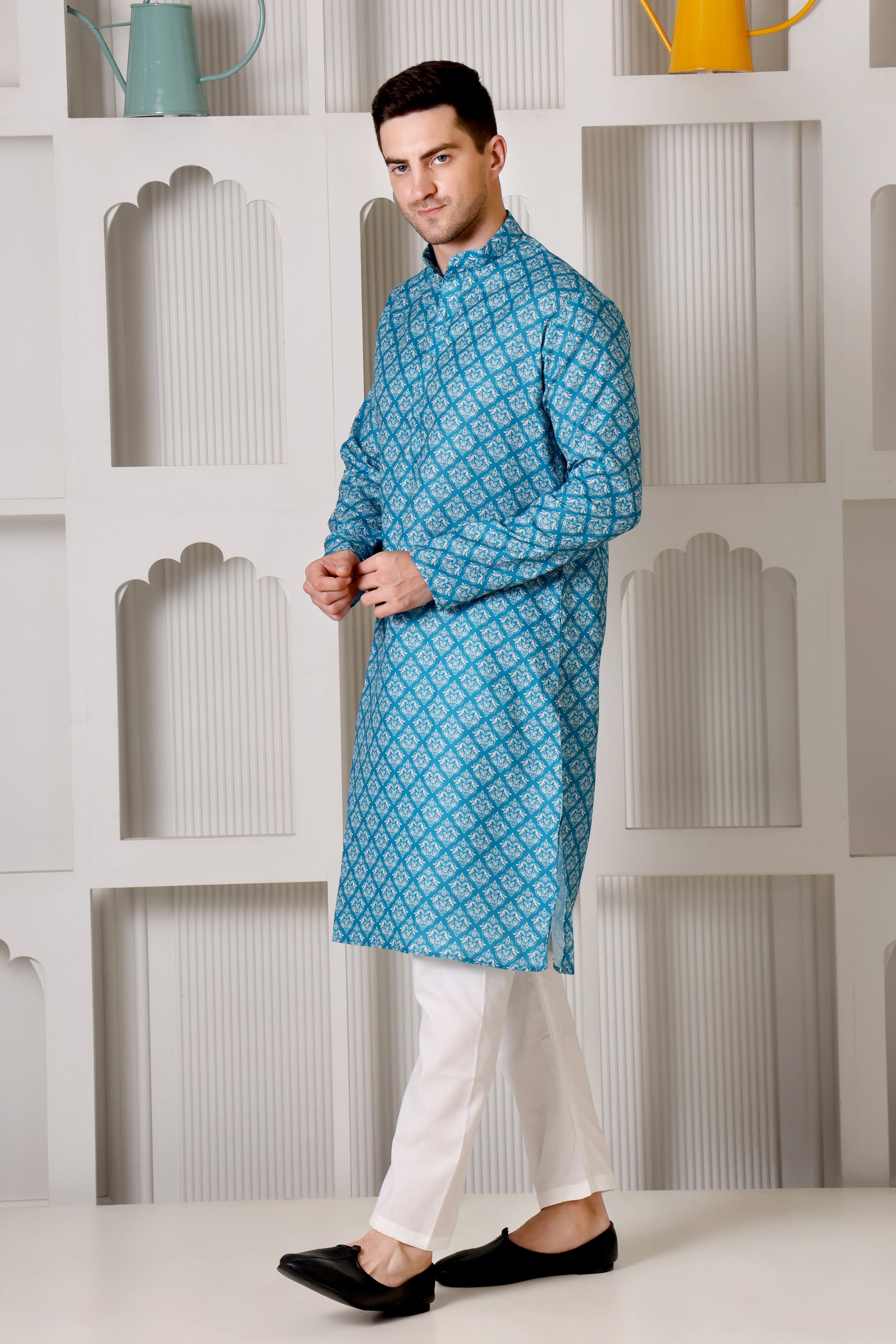 Elegant Sky-Blue & White Printed Cotton Kurta Pajama Set