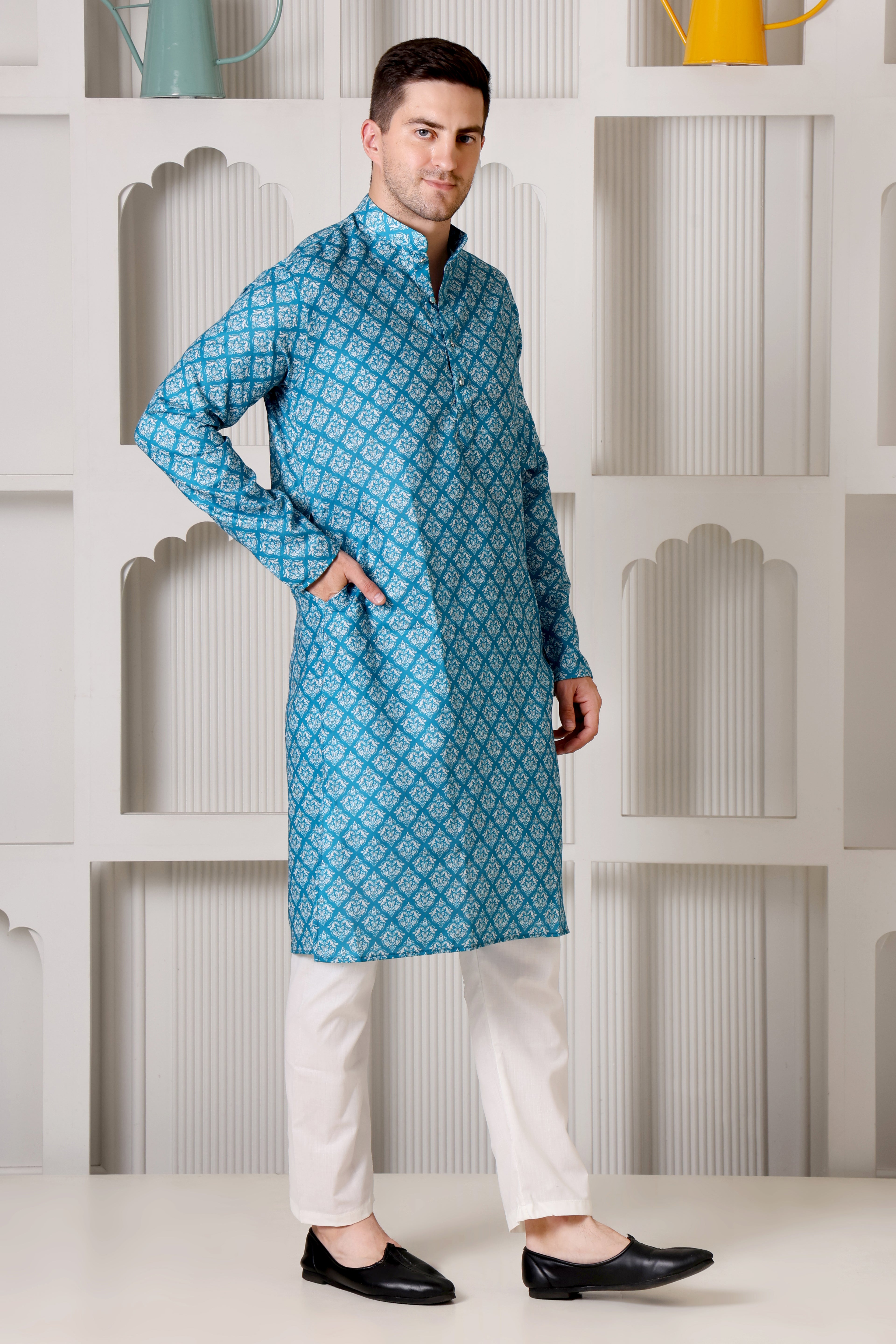 Elegant Sky-Blue & White Printed Cotton Kurta Pajama Set