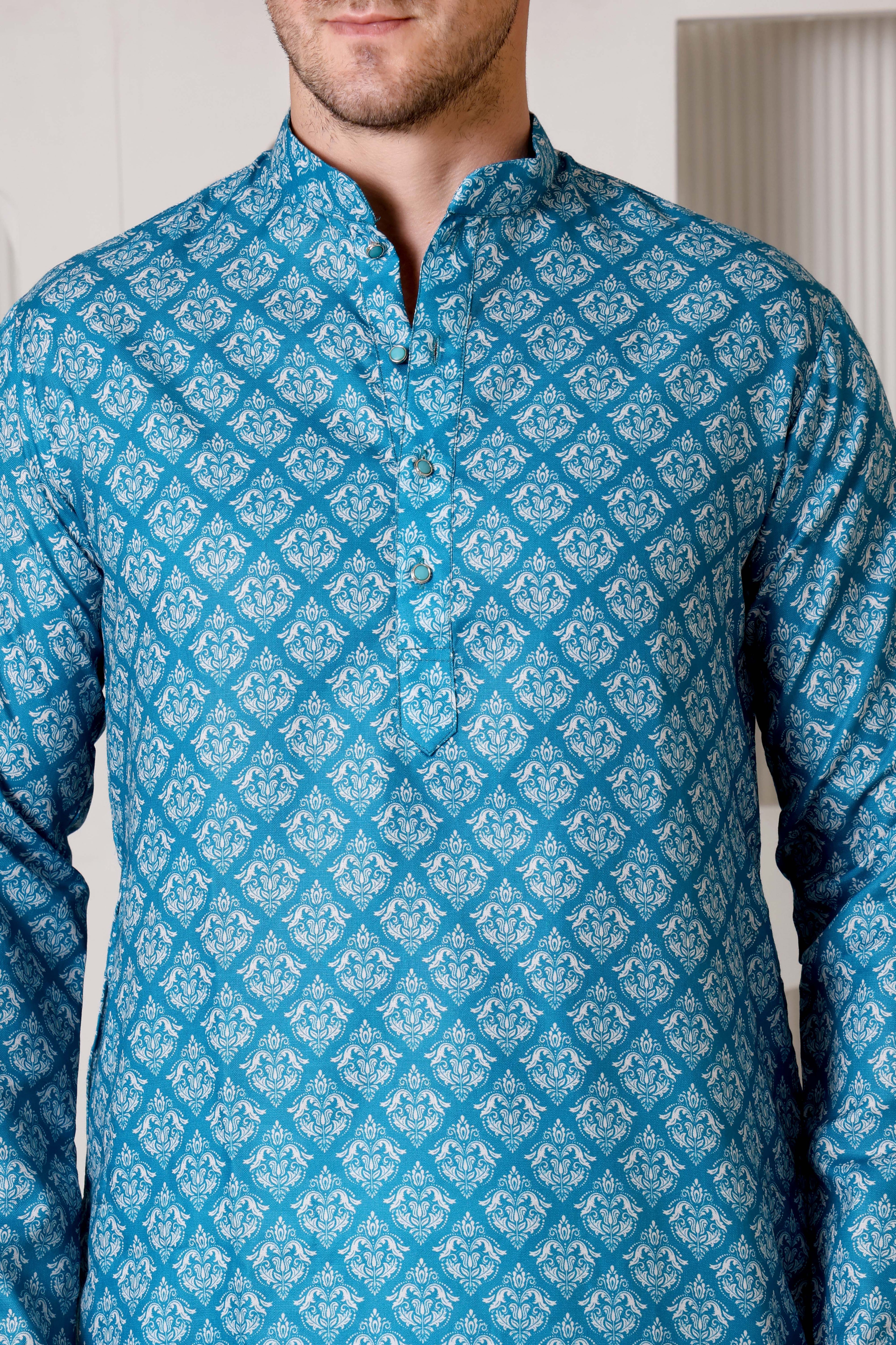 Elegant Sky-Blue & White Printed Cotton Kurta Pajama Set