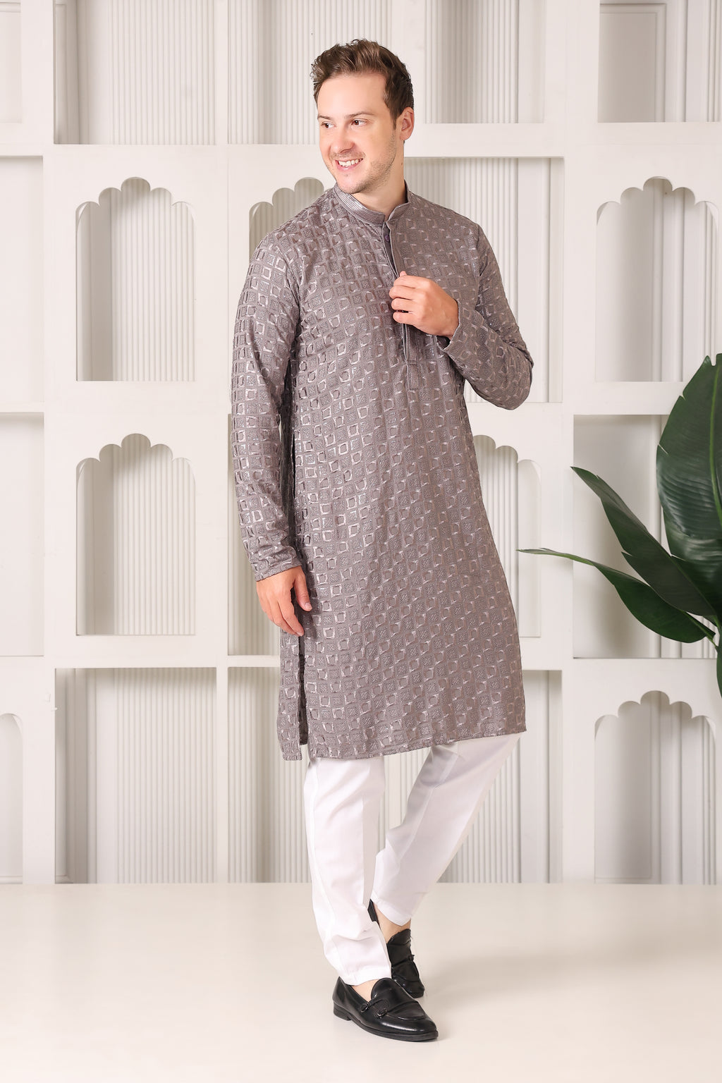 Men’s Taupe Silver Reyon Cotton Kurta Pajama with Thread & Sequin Work