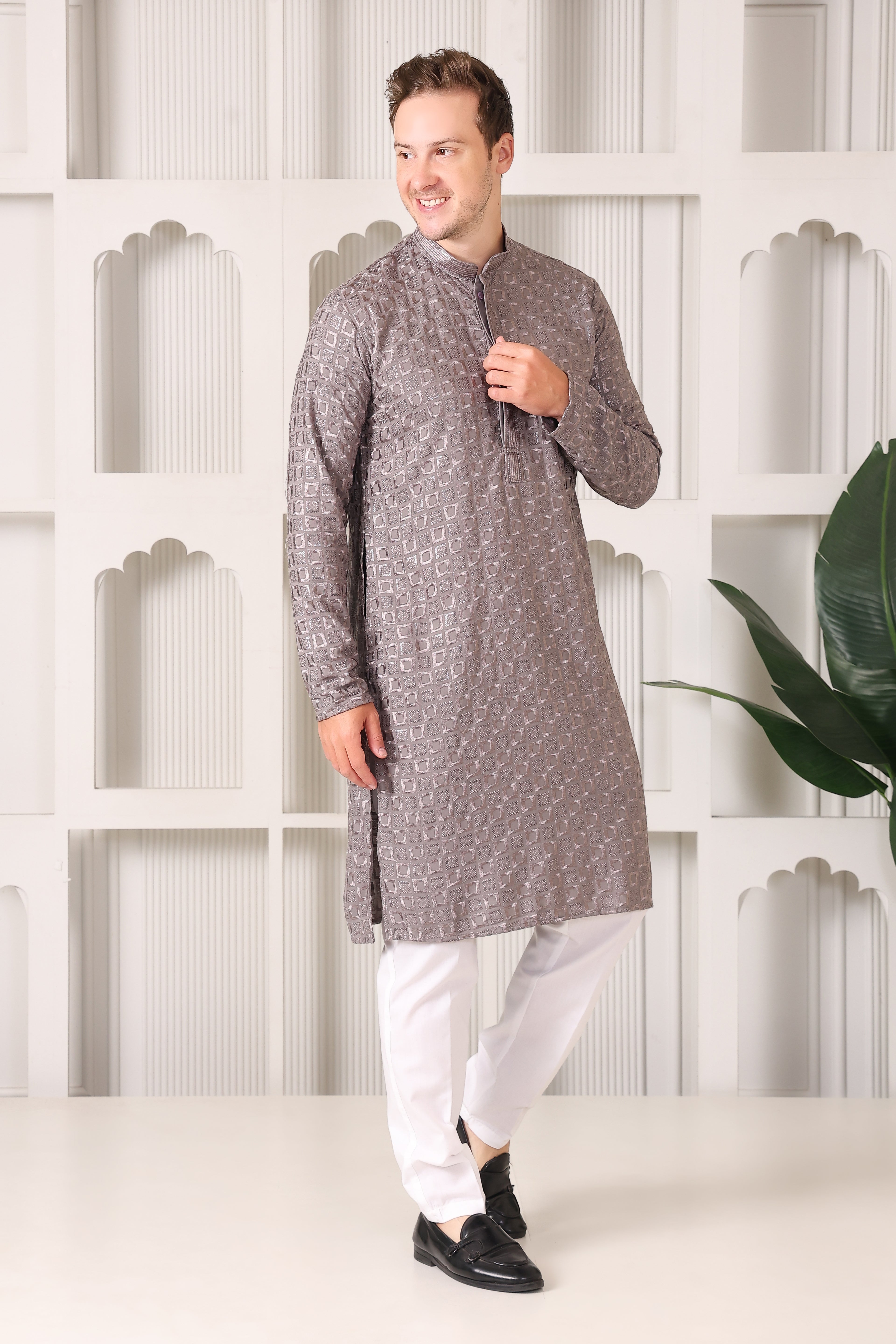Men’s Taupe Silver Reyon Cotton Kurta Pajama with Thread & Sequin Work