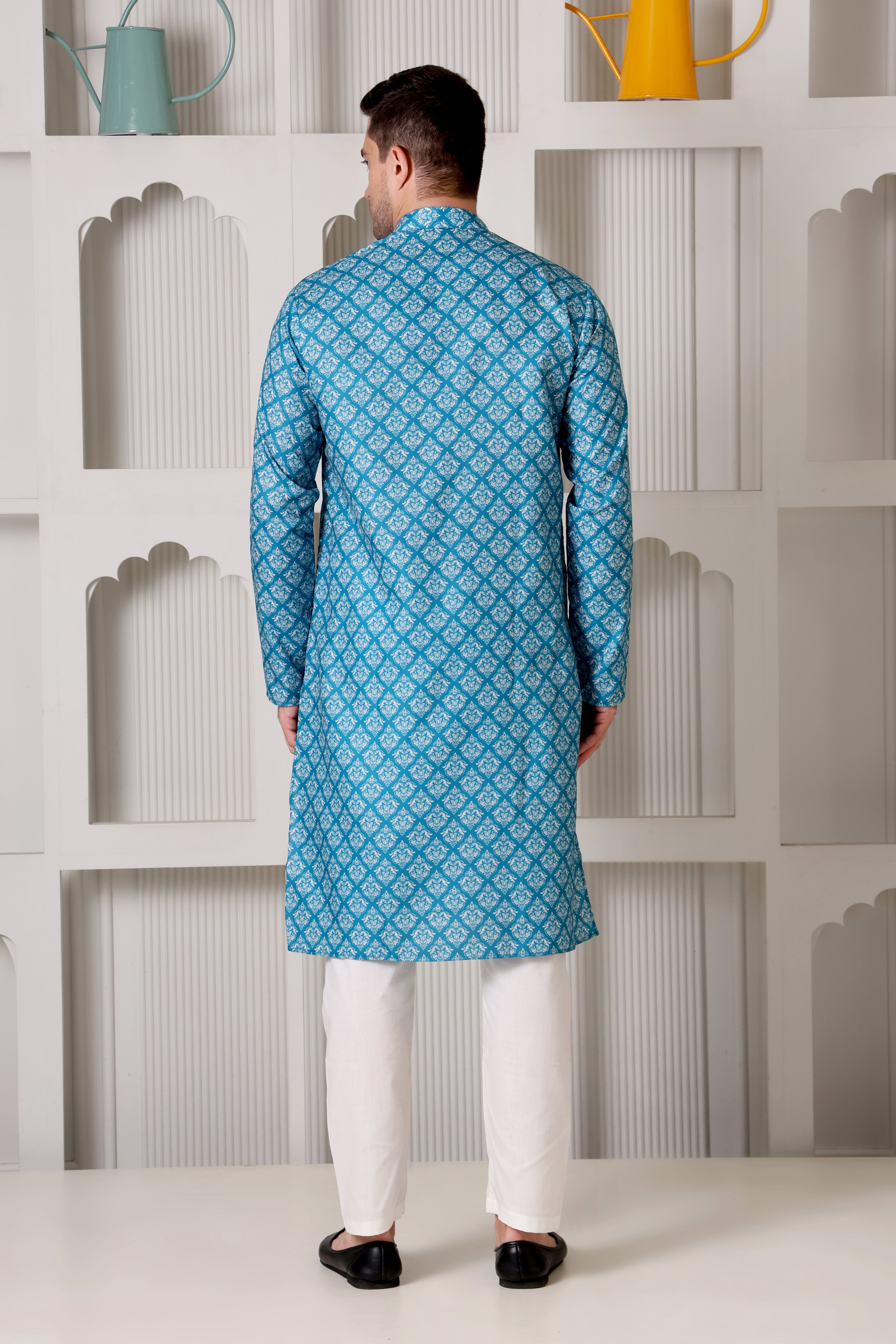 Elegant Sky-Blue & White Printed Cotton Kurta Pajama Set