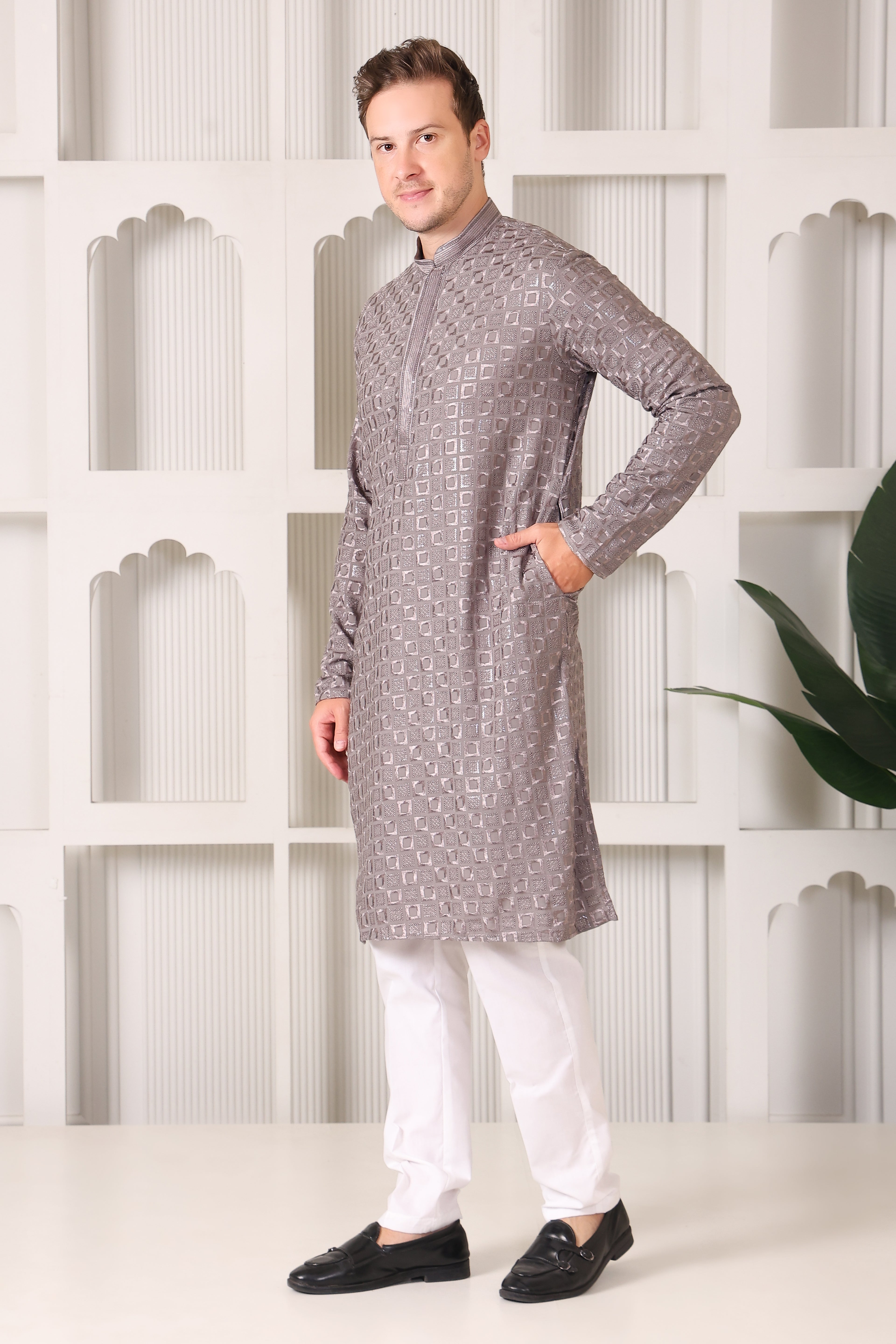 Men’s Taupe Silver Reyon Cotton Kurta Pajama with Thread & Sequin Work