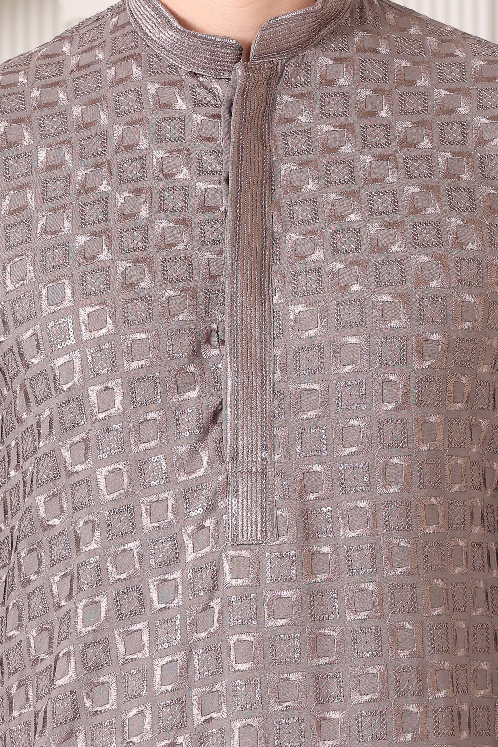 Men’s Taupe Silver Reyon Cotton Kurta Pajama with Thread & Sequin Work