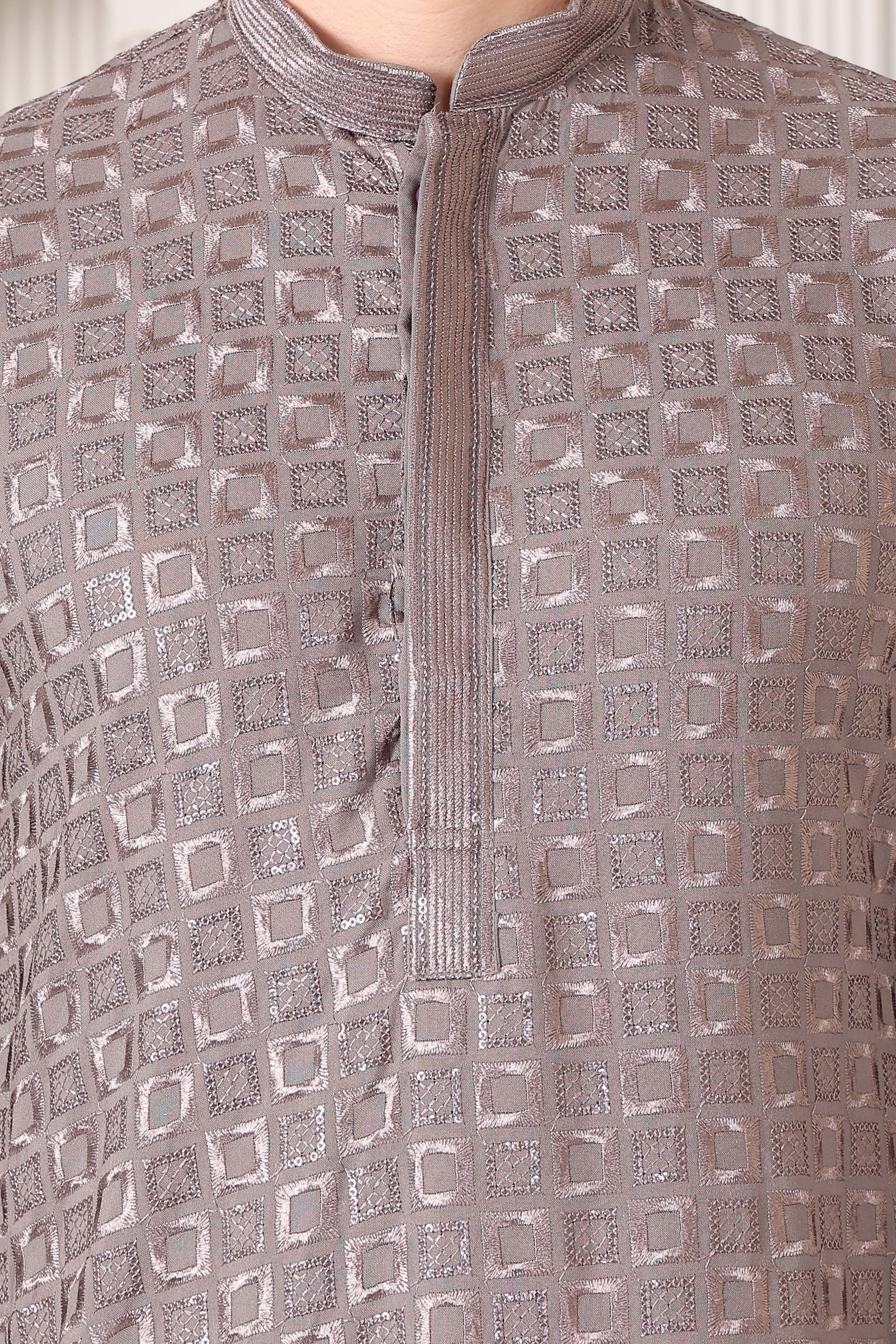 Men’s Taupe Silver Reyon Cotton Kurta Pajama with Thread & Sequin Work