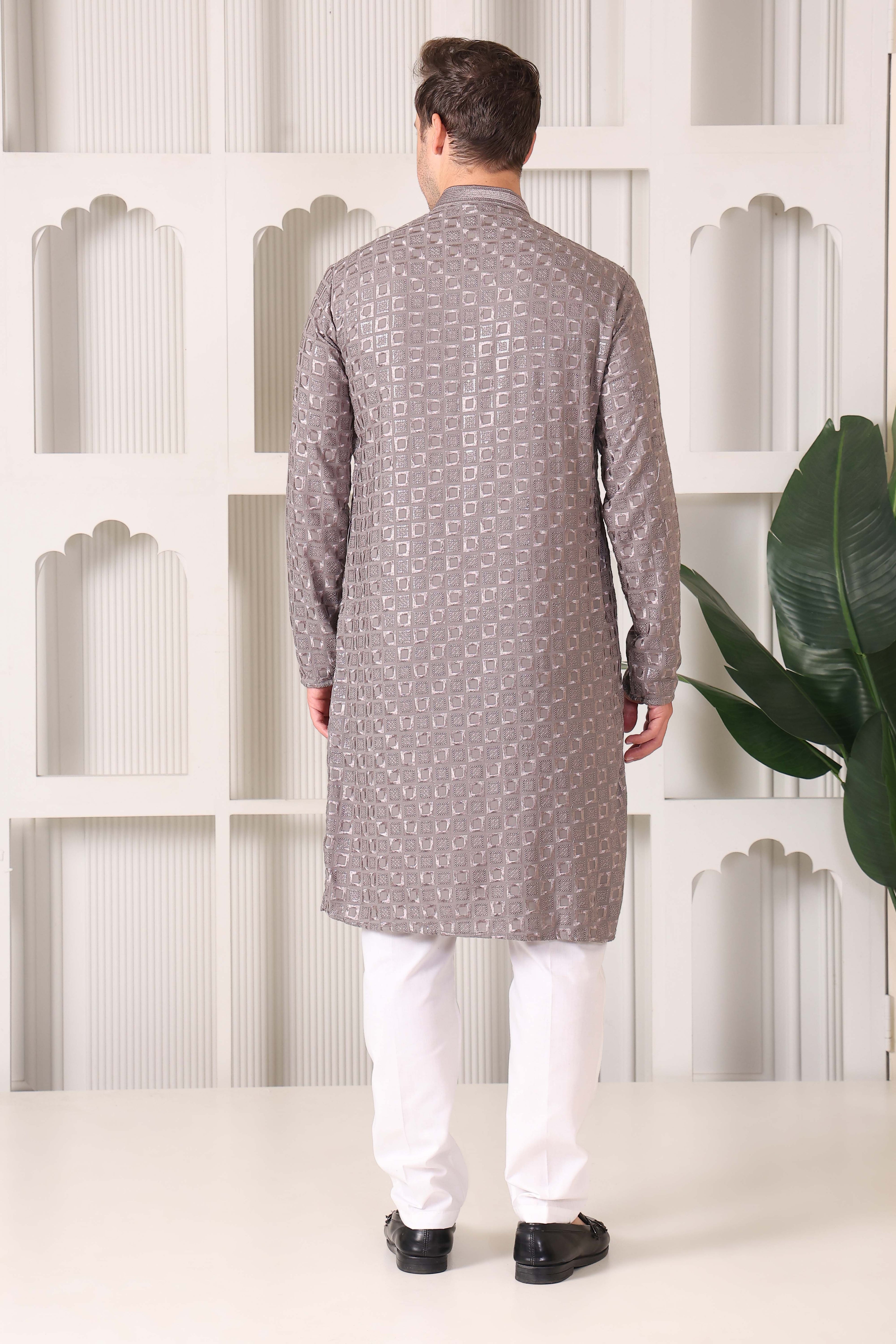 Men’s Taupe Silver Reyon Cotton Kurta Pajama with Thread & Sequin Work